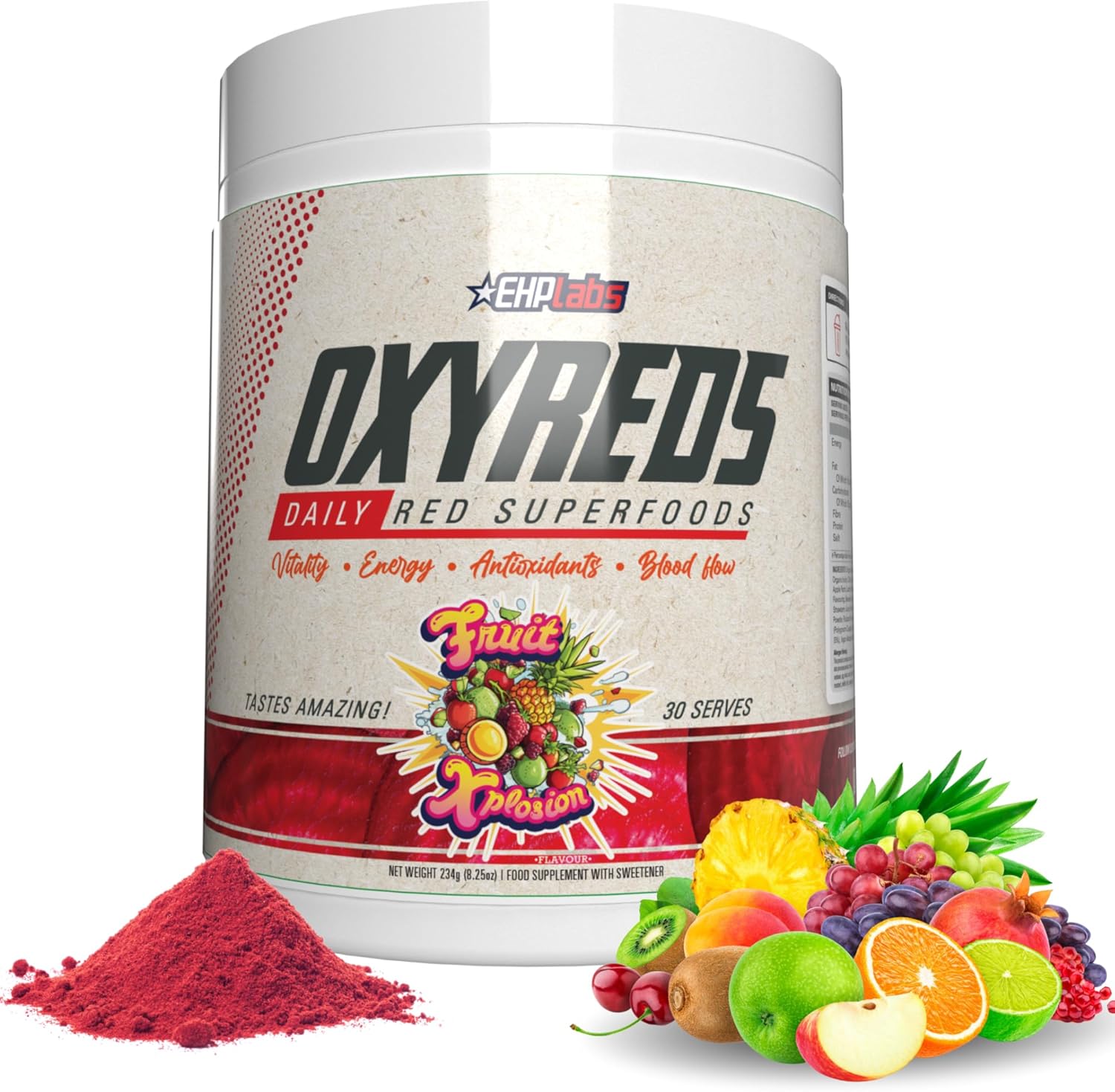 EHPlabs OxyReds Super Beets Powder - Nitric Oxide Supplement, Beet Root Powder, Immune Support Supplement & Prebiotics for Digestive Health, Beet Powder - Fruit Xplosion, 30 Servings