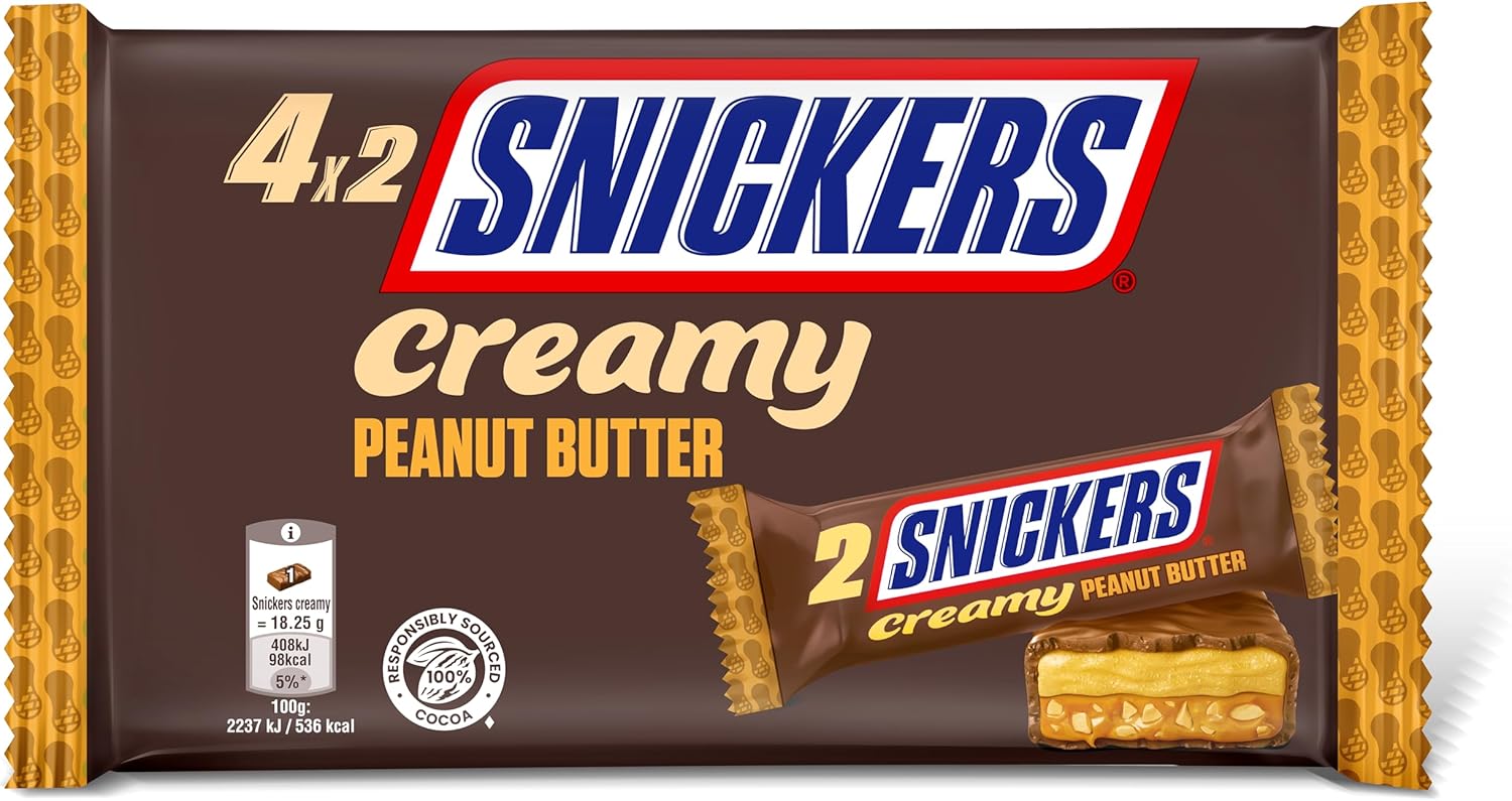 Snickers Creamy Peanut Butter & Milk Chocolate Snack Bars Multipack 146g (4 Pack)
