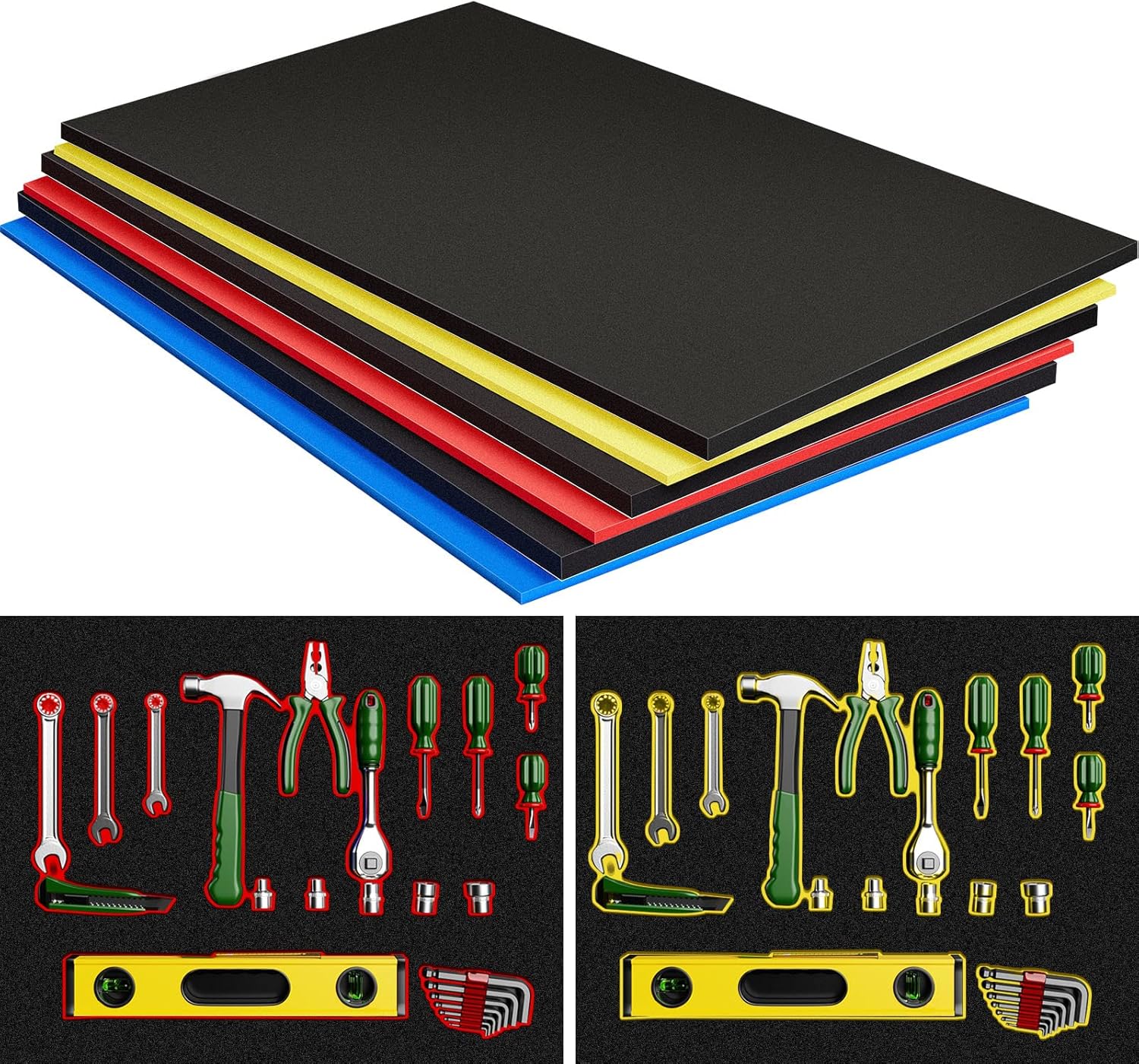 Fabbay 3 Sets Tool Box Foam Organizers, Tool Box Adjustable Shadow Foam, Non Slip Toolbox Liner and Drawer Liner(35.8 x 18 Inch)