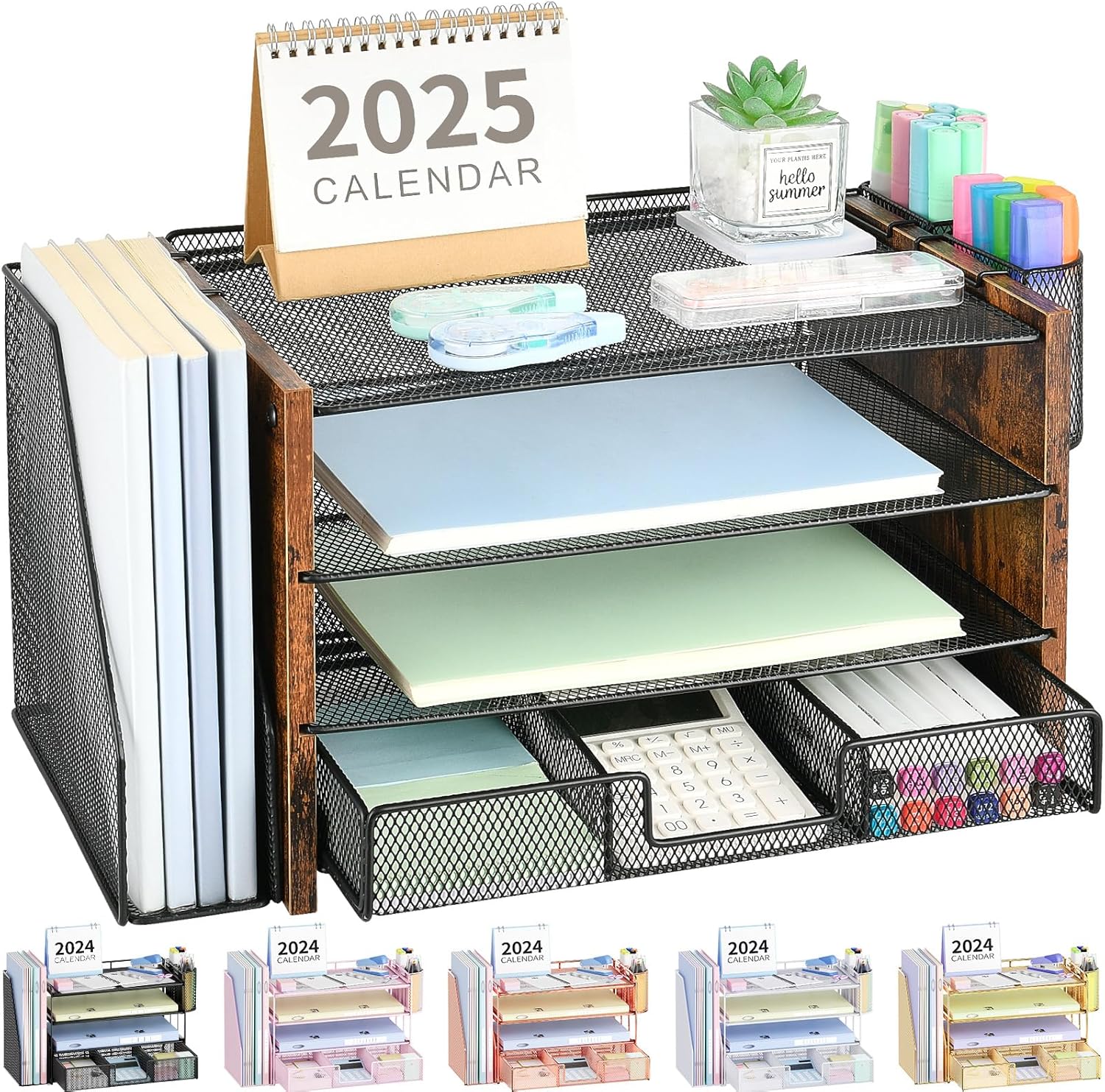 OPNICE Desk Organizers and Accessories, Desk Accessories & Workspace Organizers for Office Supplies, File Organizer Desk Drawer Organizer with 2 Pen Holders, 4 Tier Paper Organizer for Desk(Wood)