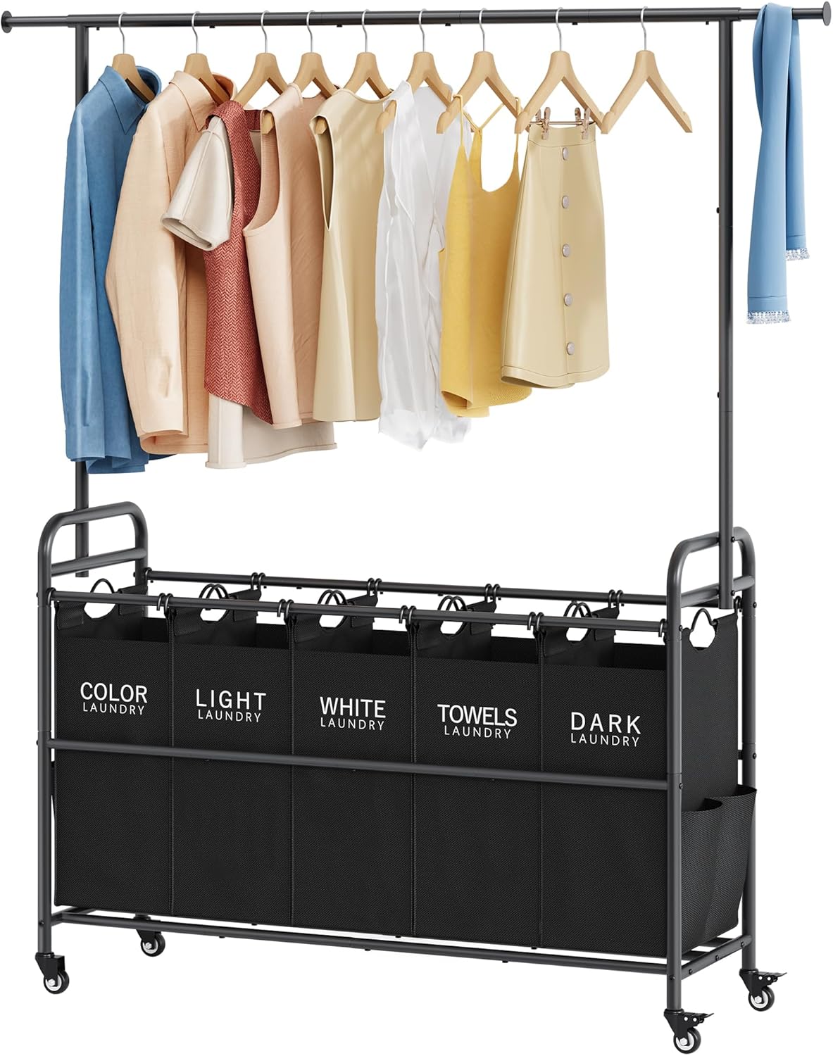 Tajsoon Laundry Sorter with Hanging Rack, 5 Sections Laundry Sorter with Lockable Wheels and Removable Bag, Removable Basket Organizer for Bedroom, Bathroom, Black