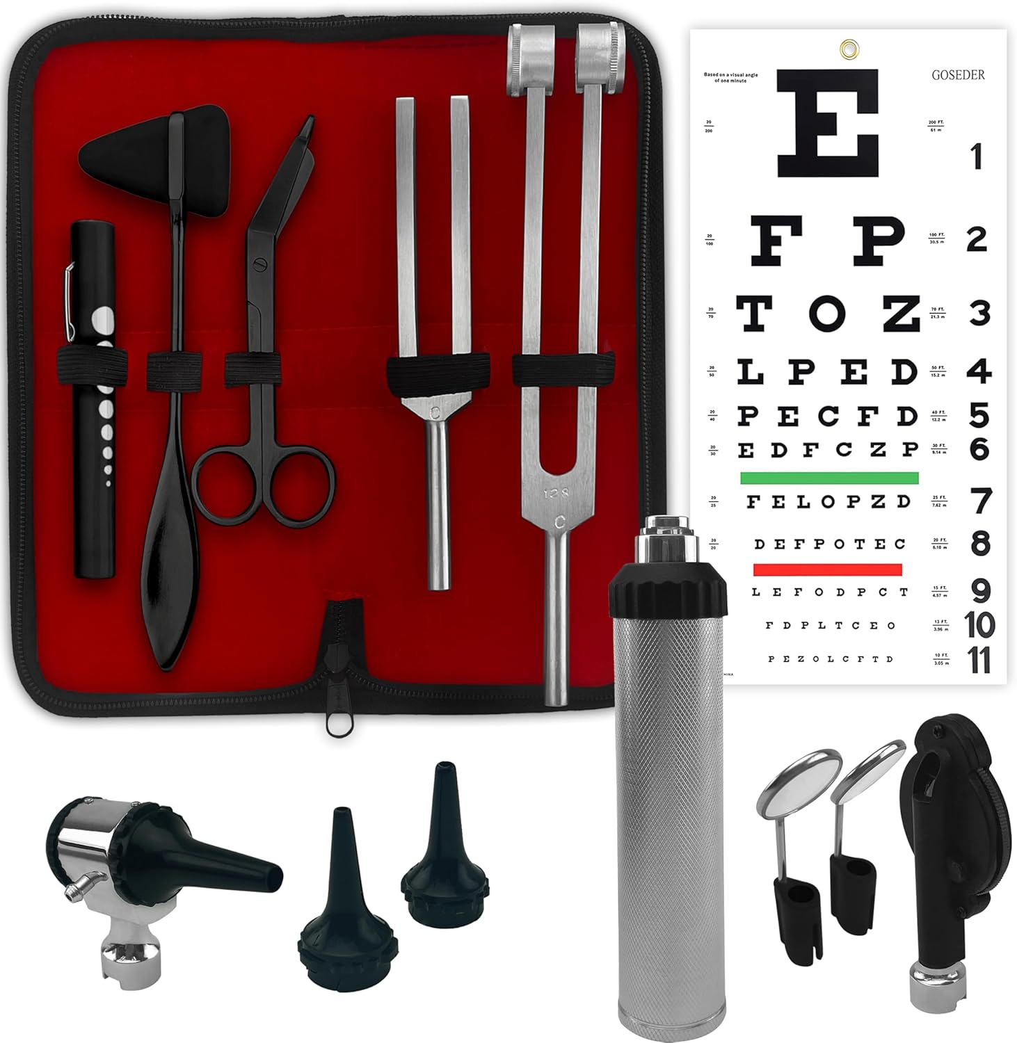 Multi Purpose Diagnostic kit for Neurological, EMT and Eye EXAM, Reflex Percussion Taylor Hammer + Penlight + Tuning Fork C 128 C 512 + Bandage Scissors 5.5"