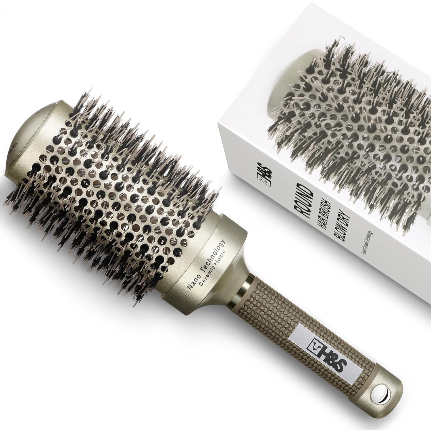H&S Wooden Round Hair Brush - ⌀ 85mm (3.3") - Natural Boar Bristle Hairbrush for Blow Drying and Quiff Styling - Small Circlular Roll Brush for Women and Men - Gold