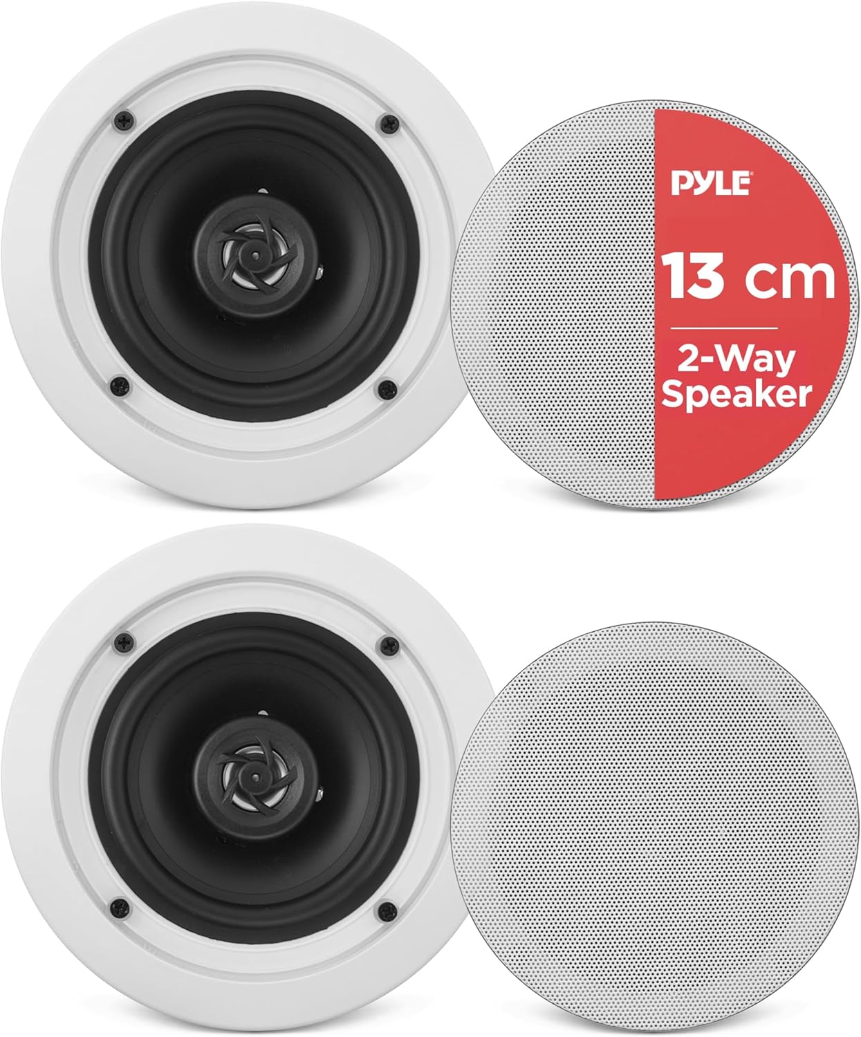 Pyle Ceiling Speakers, Wall Mounted Wireless Ceiling Speakers, 13.34cm Pair of 2-Way Midbass Woofer Speaker & 150 Watts, Flush Mount Sound, Easy Installation for Indoor/Outdoor, Kitchen, Bathroom