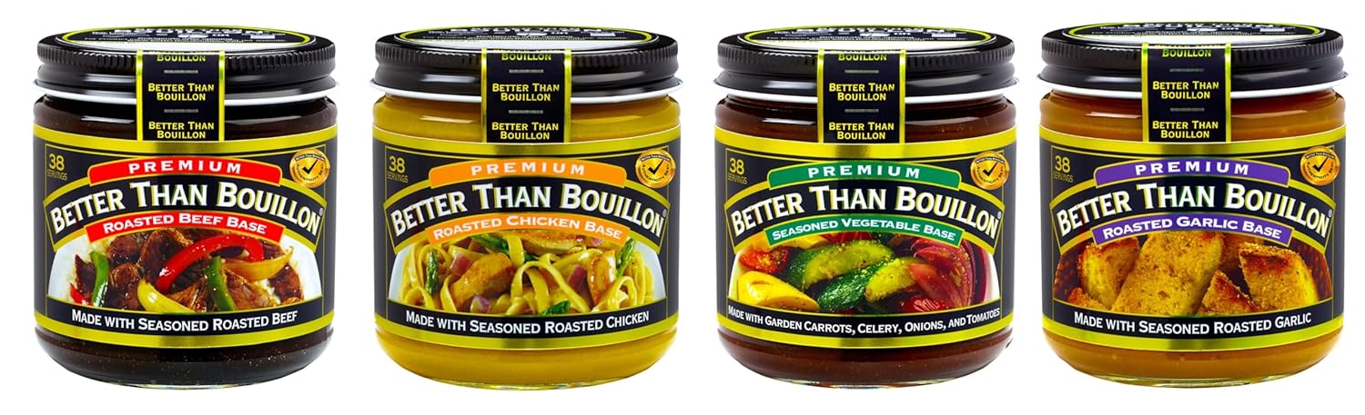 Better Than Bouillon Variety Pack: Roasted Beef, Roasted Chicken, Seasoned Vegetable, Roasted Garlic Bases 8oz (1 Each, 4 Pack)
