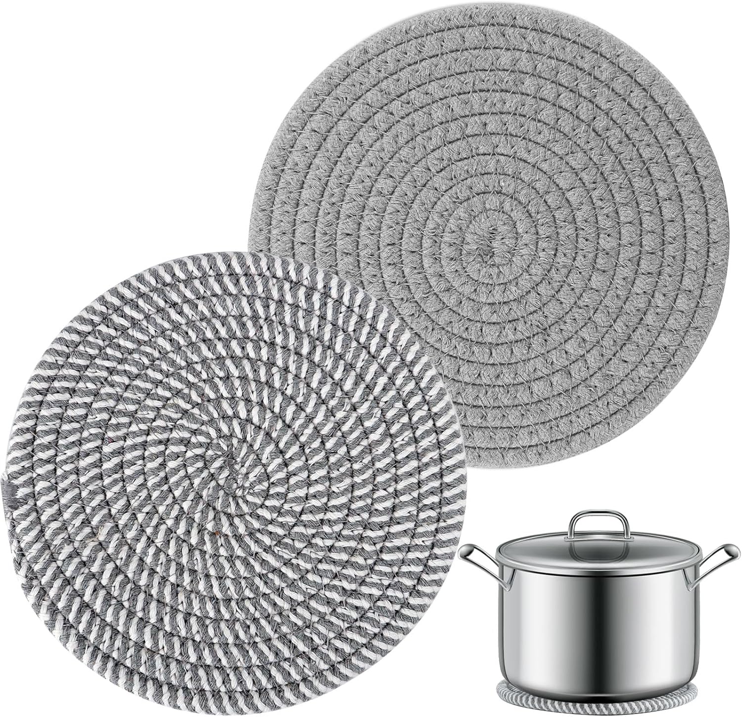 2 pcs Cotton Thread Heat Trivet 18cm Stripe Trivet for Hot Dishes Grey Cotton Coasters Table Heat Resistant Mat Hot Pads for Kitchen Cooking Dining Table Home Supplies