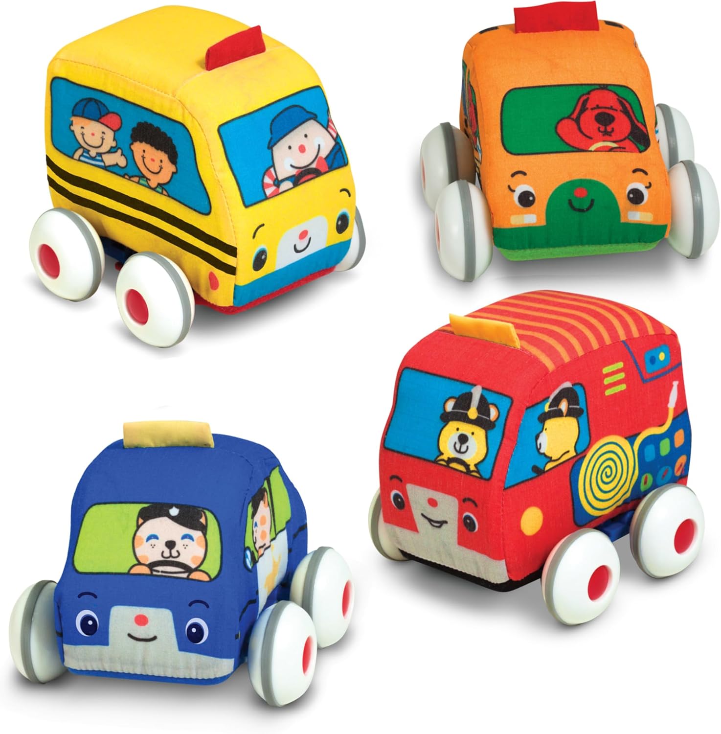 Melissa & Doug K's Kids Pull-Back Vehicle Set - Soft Baby Toy Set With 4 Cars and Trucks, Soft Vehicles Toys For Babies And Toddlers