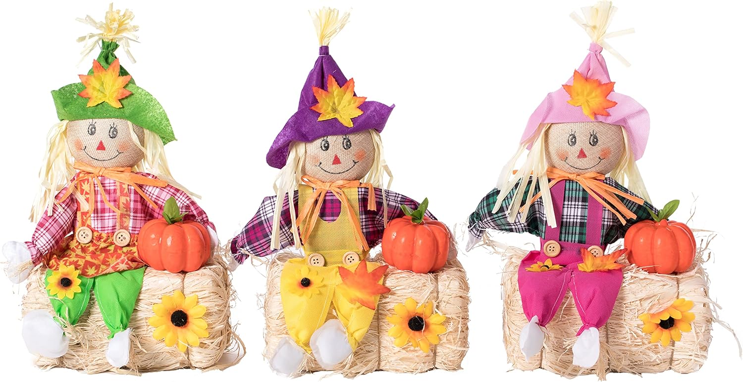 Gardenised Outdoor Fall Decor Halloween Scarecrow for Garden Ornament Sitting on Hay Bale, Straw Multicolor, Set of 3, 16