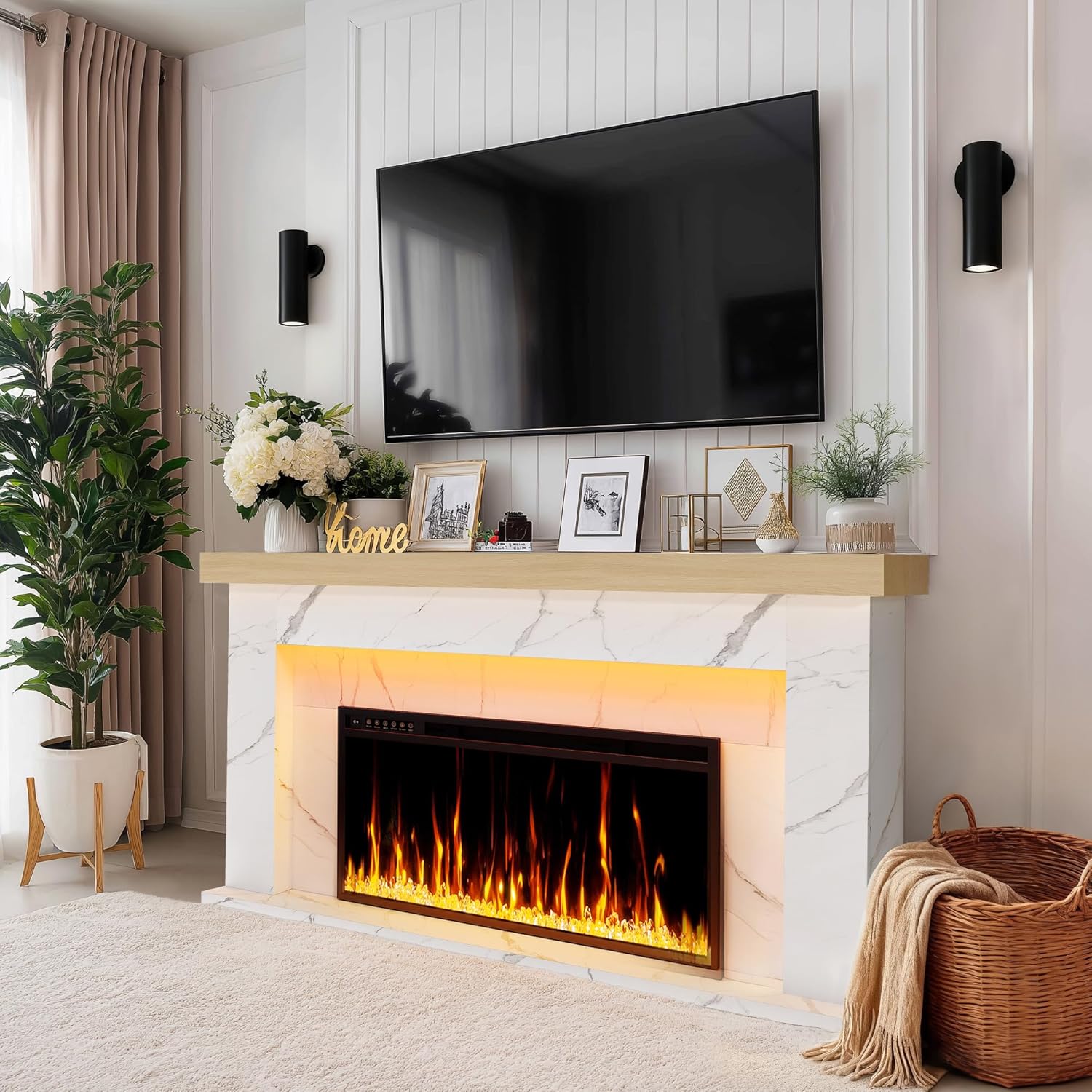 62 Inch Electric Fireplace with Mantel, Replaceable 36” Fireplace Insert Heater, 3D Realistic Log and Flame Effect, Remote Control, Timer, White Marble Finish with Mantel for Living Room Bedroom