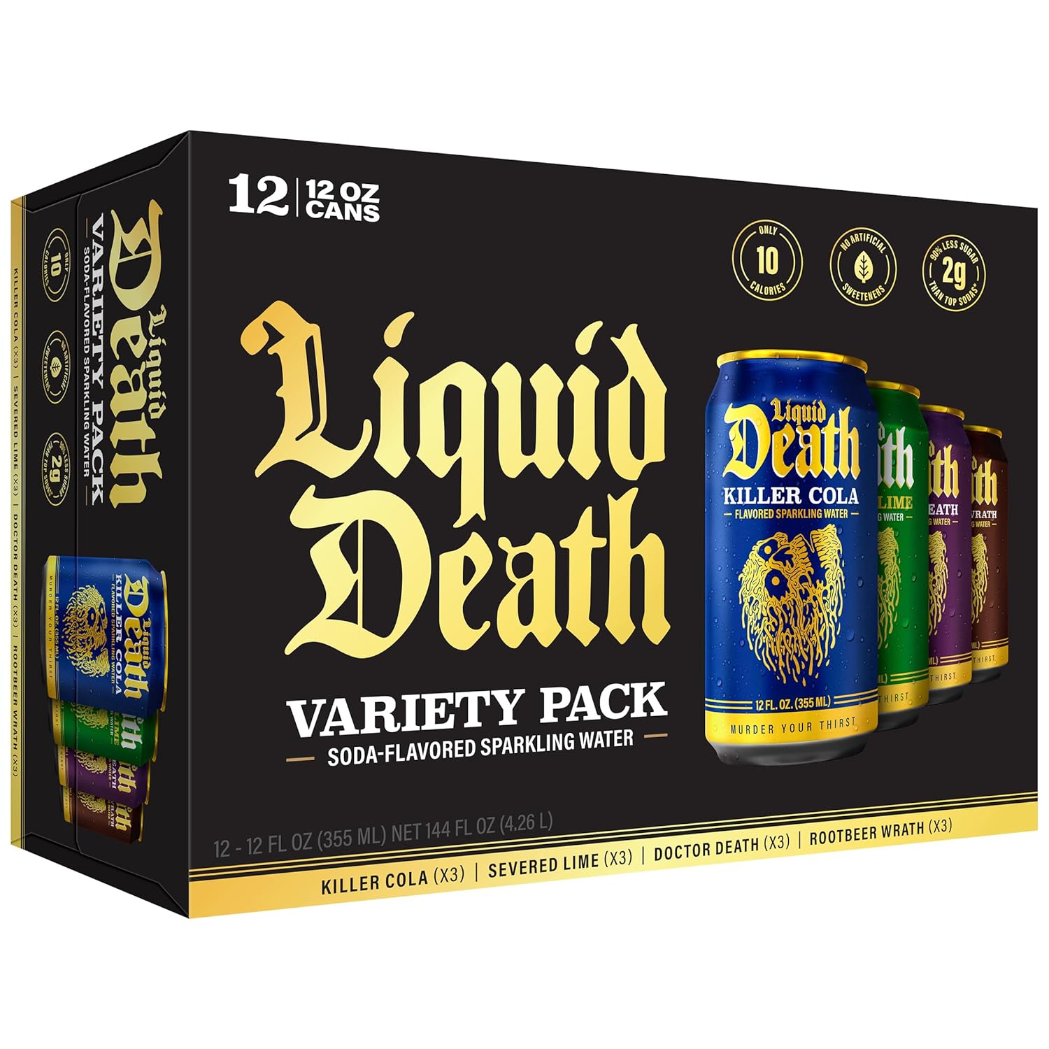 Liquid Death, Soda-Flavored Sparkling Water Variety Pack, 12-Pack (12oz Cans), Low Calorie & No Artificial Sweeteners, 4 Flavors: Severed Lime, Doctor Death, Killer Cola, and Rootbeer Wrath