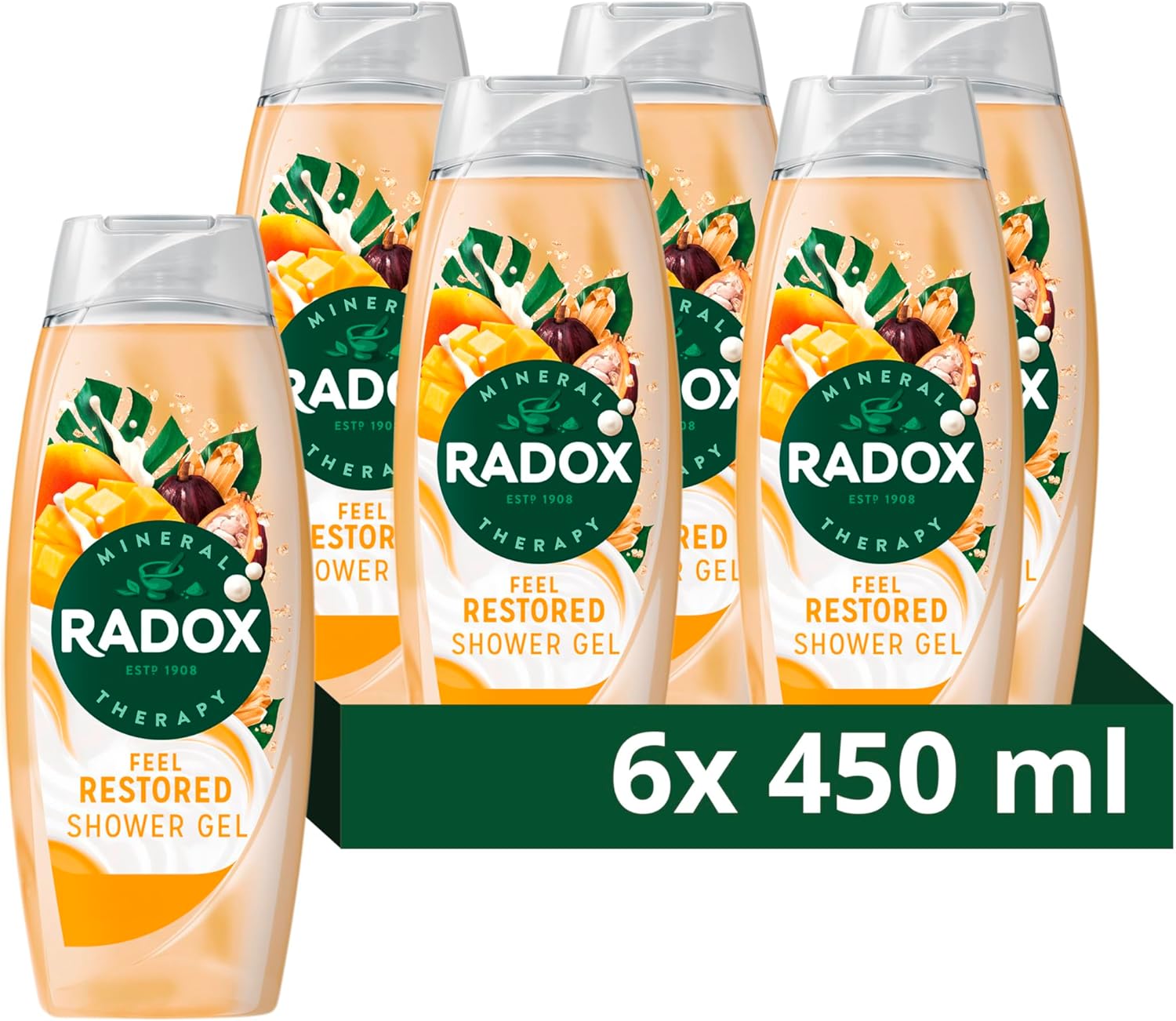 Radox Mineral Therapy Feel Restored Shower Cream Body Wash uniquely blended with minerals, herbs and a mango & cocoa butter scent for a mood-boosting experience 6x 450 ml