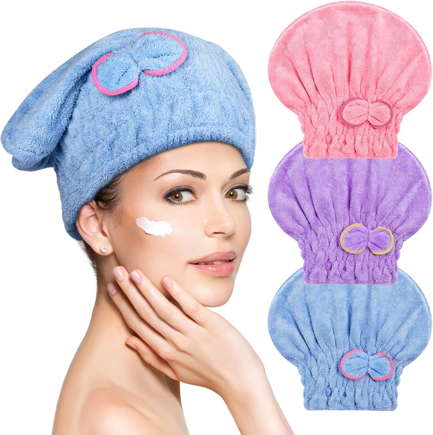 ACWOO Hair Turban Towel, 3 Pack Ultra Absorbent Hair Dry Cap Bowknot Hair Turban Towel, Soft Microfiber Hair Drying Towels Fast Dry Bath Head Wrap for Women, Girls