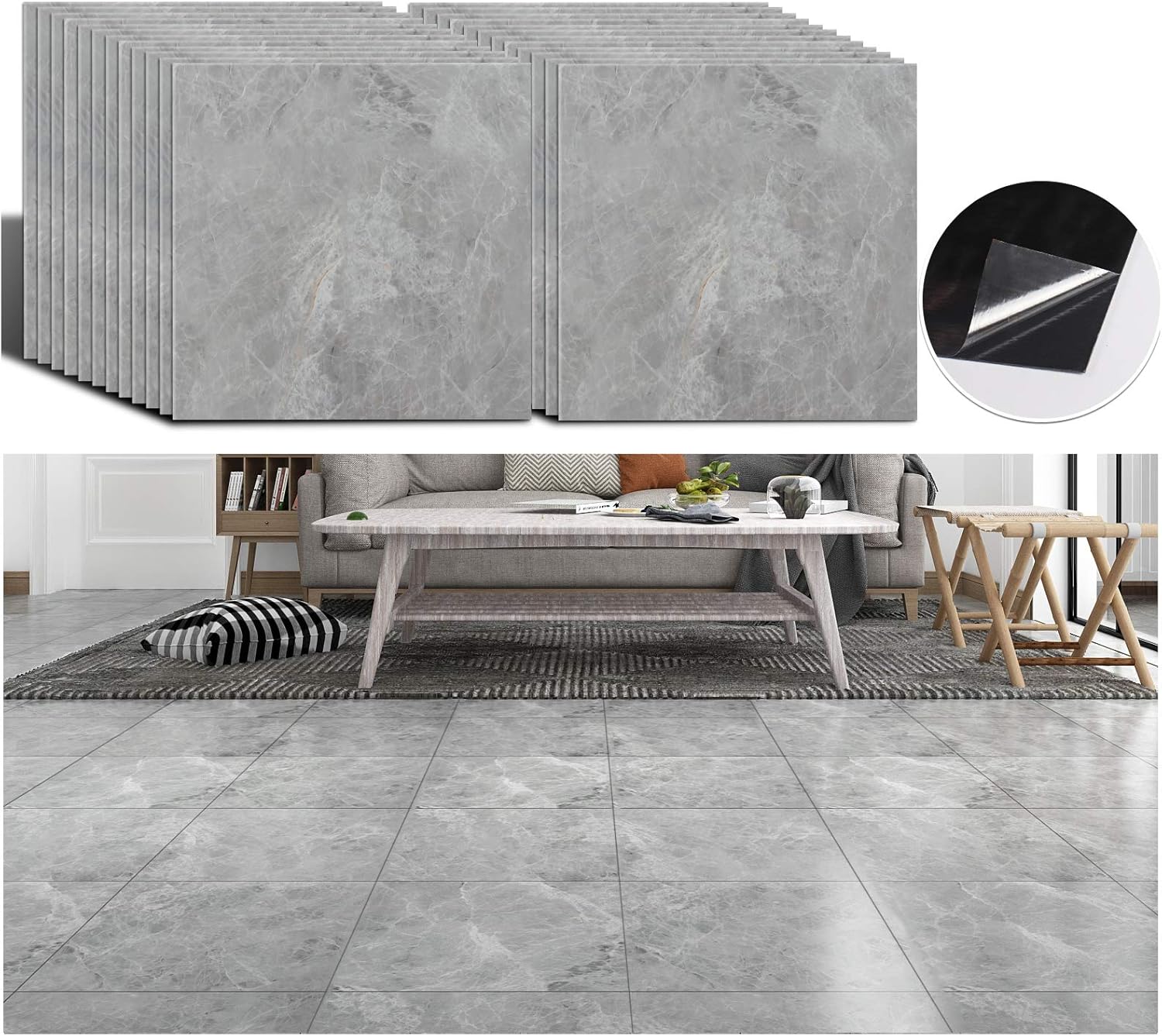 VEELIKE Grey Concrete Floor Tiles 24 Pieces Peel and Stick Floor Tiles for Kitchen Bathroom Vinyl Flooring Waterproof Garage Flooring Grey Marble Tile Sticker Living Room Removable 30 cm x 30 cm