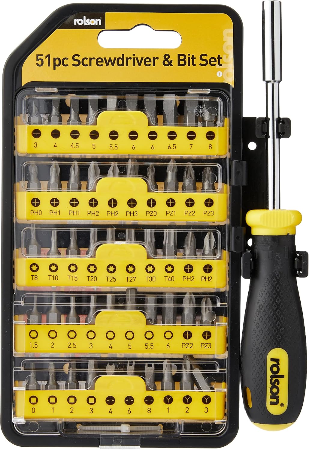 Rolson 51 pc Screwdriver & Bit Set (Chrome Vanadium Steel, Square, Hex, Pozidriv, Tri-winged, Stainless Steel Tweezers)