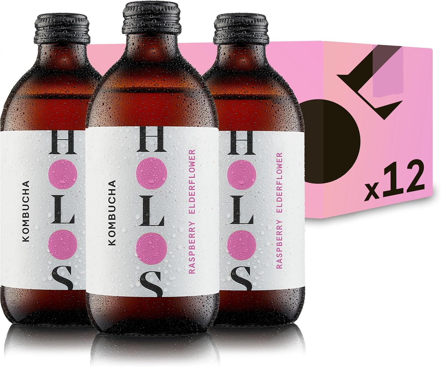 HOLOS Kombucha Drink Raspberry & Elderflower - Organic Kombucha Tea - Chilled, Unpasteurised Raw Kombucha - Vegan, All-Natural Ingredients - 12 x 330ml Kombucha Bottles