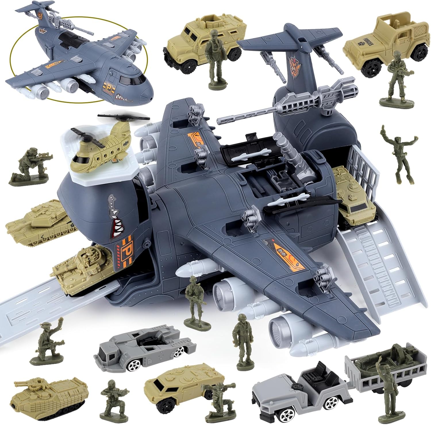 deAO Military Toys Army Vehicle Playset Toy Plane Helicopter Soldiers Army Toys with Cargo Plane Helicopter Tanks, Realistic Aircraft Carrier Toy, Role-Play Learning Set for Kids 3+