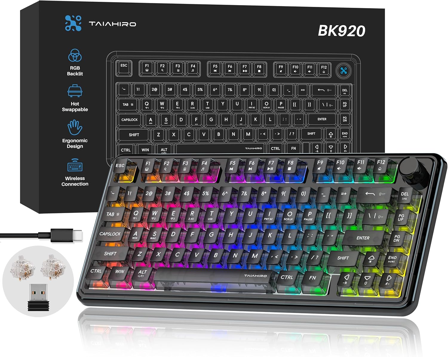 Transparent Mechanical Keyboard, RGB Backlit Wireless Creamy Gaming Keyboards, Hot Swap Customizable Clear Acrylic Design, 80-Key Quiet Linear Switches, 3 Modes BT5.0/2.4G/USB-C 4000mAh Battery, Black