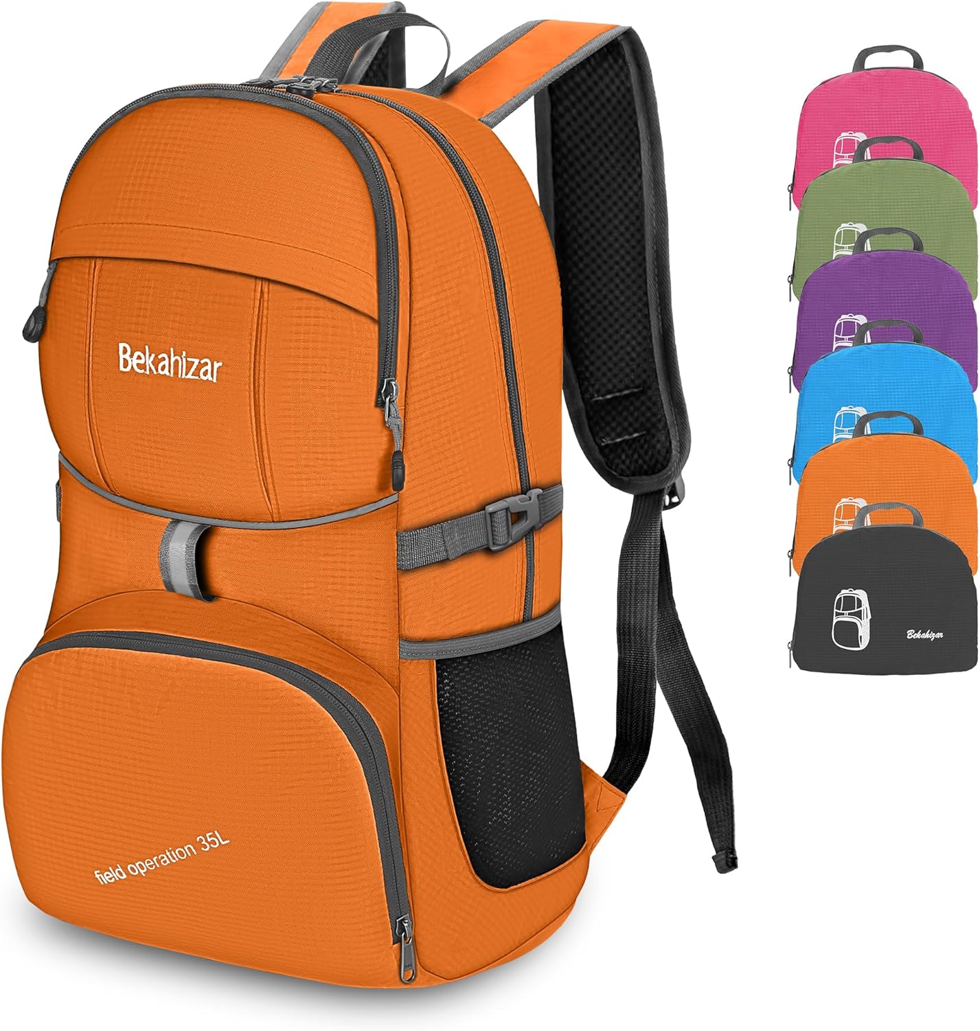 Bekahizar Rucksack 35L, Lightweight Backpack Foldable Hiking Daypack Packable Travel Day Bag for Men Women Teens Outdoor Sports Walking Camping Travelling Cycling (Orange)