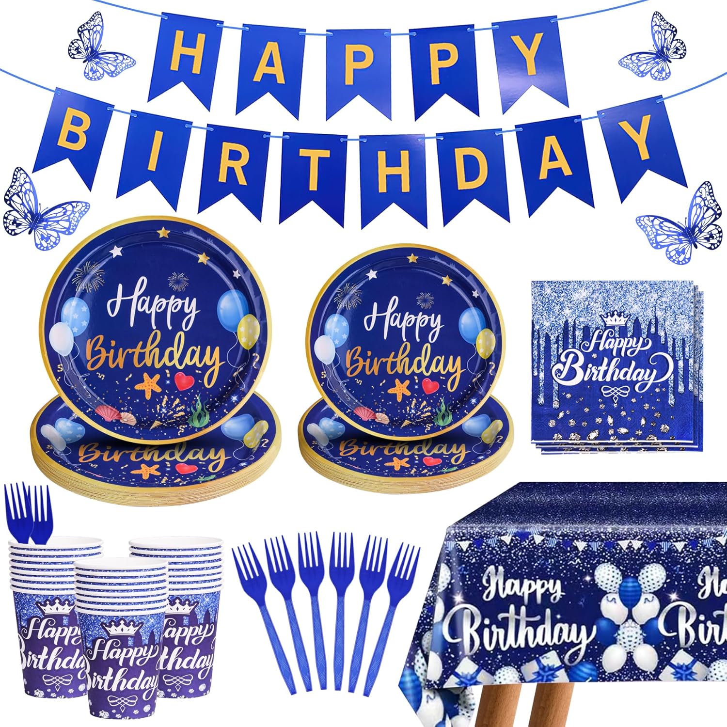 Blue Happy Birthday Party Supplies Tableware Set Birthday Decoration with Banner and Tablecloths Plates Cups Napkins Party Dinnerware for 24 Guests Men Boys