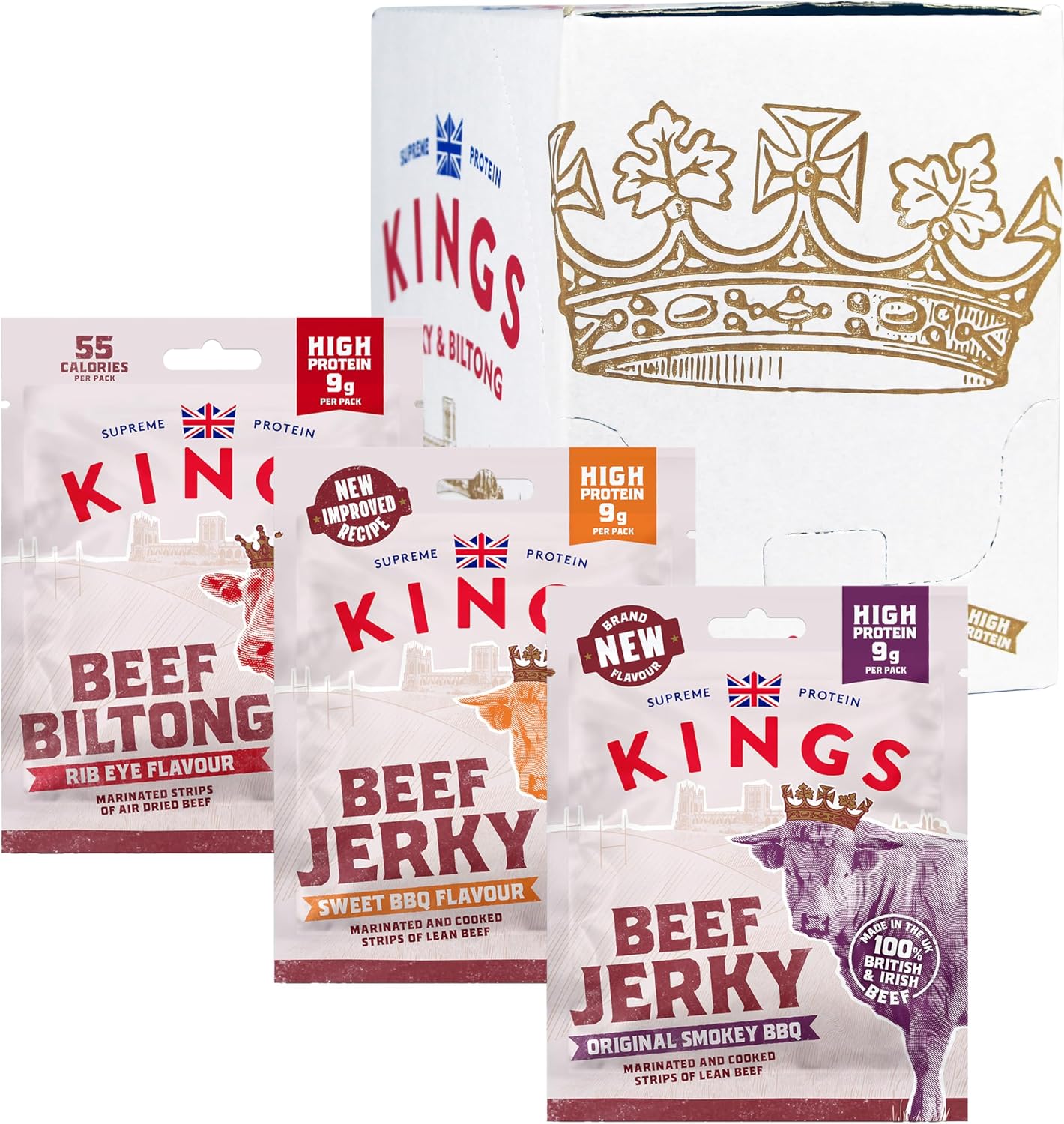 Kings - Beef Jerky and Biltong - Variety Case - High Protein Snacks, Marinated and Cooked Meat - 4 of Each Flavour - Bulk Box of 12 x 25 g Packs