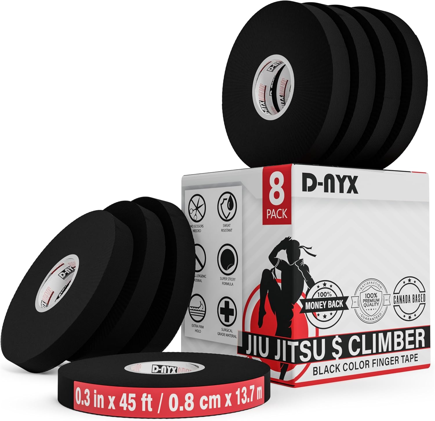 8 Pack Finger Tape Athletic Sports Wrap 0.3” x 45 Feet for Rock Climbing BJJ Jiu Jitsu MMA Grappling Martial Arts Volleyball Weight Training Wrestling Hand Tape Black