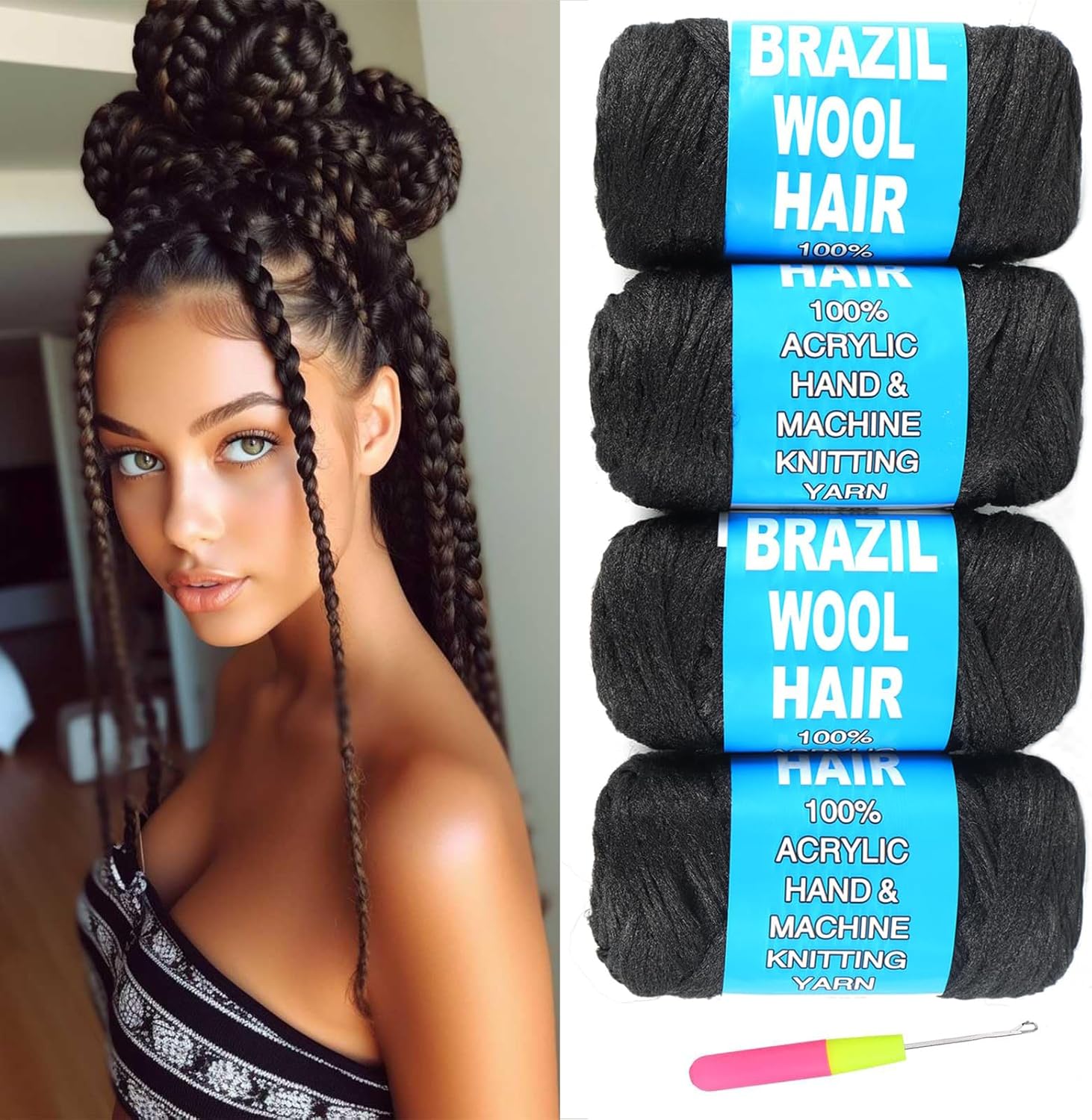 4 Roll Brazilian Wool Hair for Braids Acrylic Yarn for African Crochet Hair Jumbo Braids Senegalese Twisting Knitting Faux locs Spiral Corkscrews Braids Twist Wraps 70G/Roll