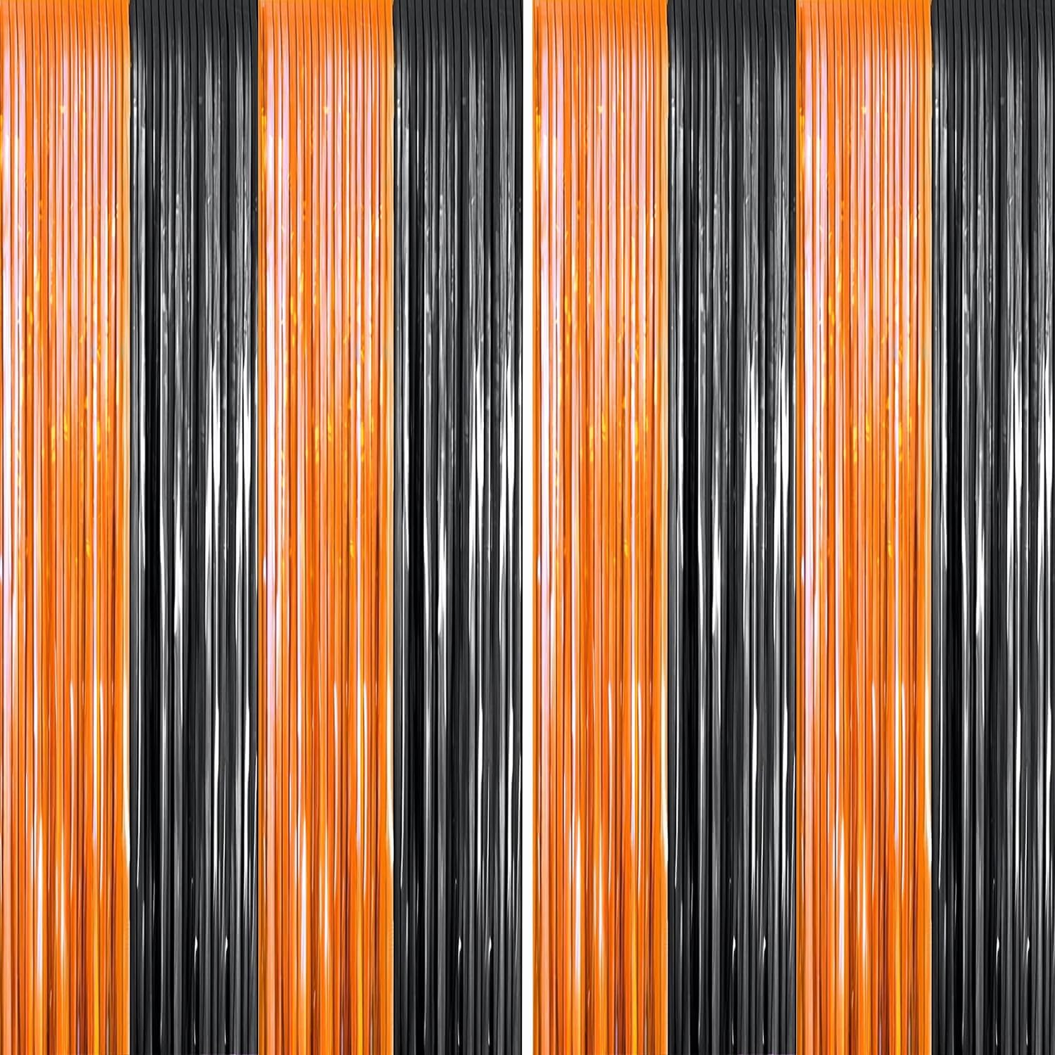 2 Packs 3ft x 8.4ft Orange Black Metallic Tinsel Foil Fringe Curtains Photo Booth Props for Halloween Birthday Bridal Shower Baby Shower Bachelorette Holiday Celebration Party Decorations