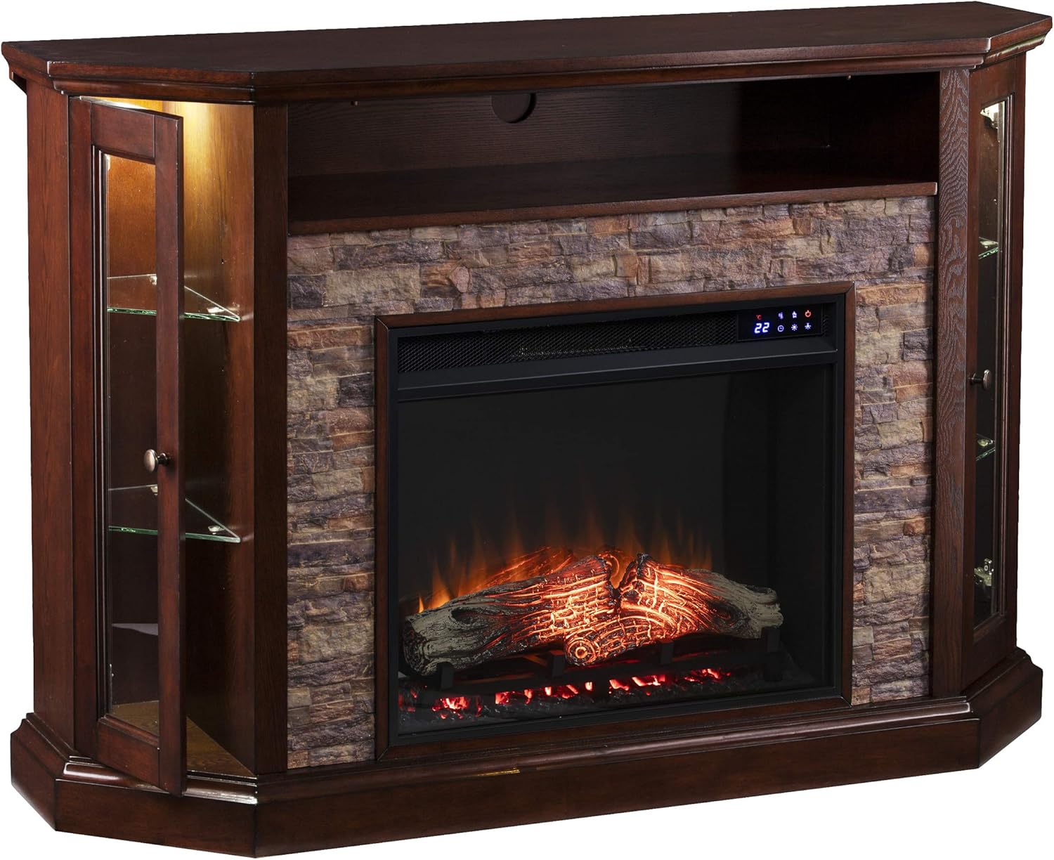 SEI Furniture Redden Faux Stone Corner Convertible Electric Fireplace with Media Storage, New Espresso