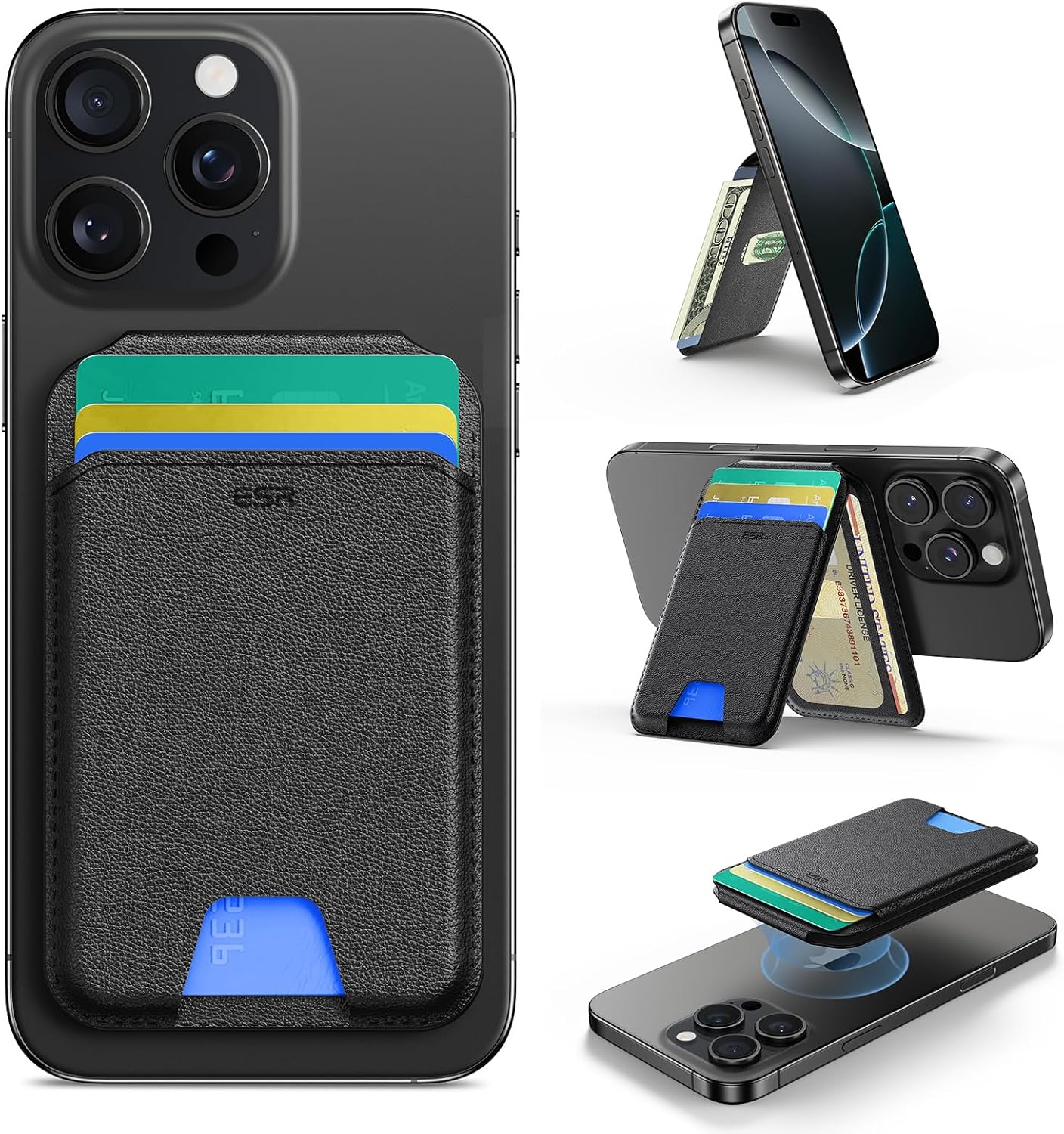 ESR Upgraded for MagSafe Wallet, 5 Card Holder, RFID Blocking, Magnetic Wallet for iPhone with Adjustable Stand, Slim for iPhone 16/15/14/13/12 Series, Not for 13/12 Mini, Vegan Leather, Black