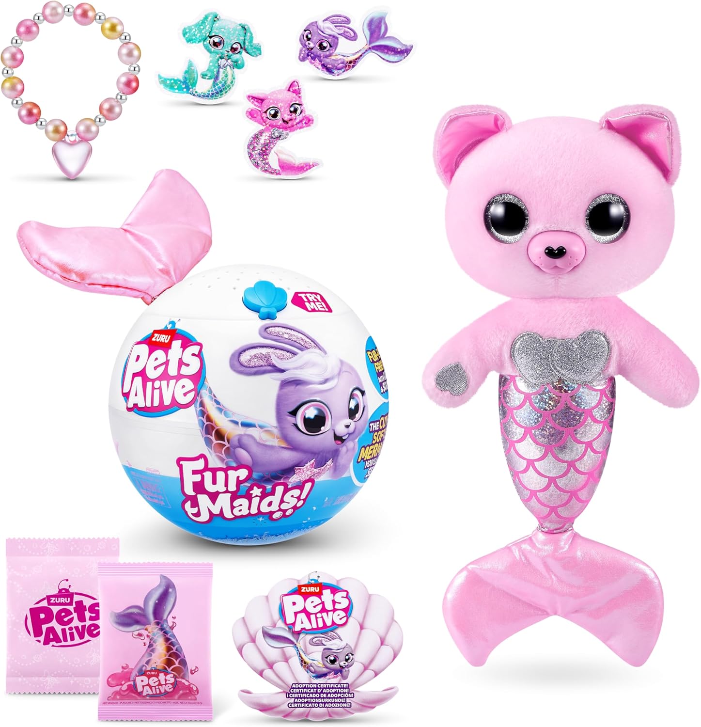 Pets Alive Furmaids by ZURU Mermaid Plush Interactive Lights Sounds Girls Toy (Pink Kitten)