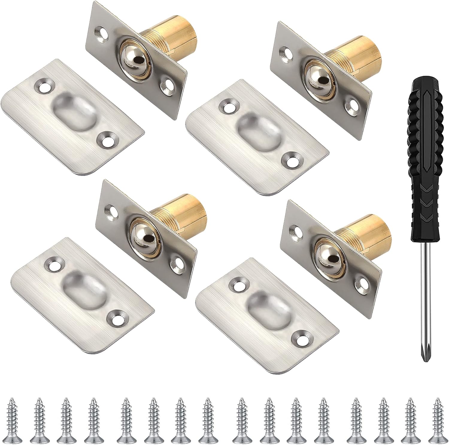 WeqeYent 4 Pack Ball Door Catches, Adjustable Roller Ball Door Catches Spring Loaded Latch Lock Stainless Steel+Brass with Screws and Screwdriver for Internal Doors