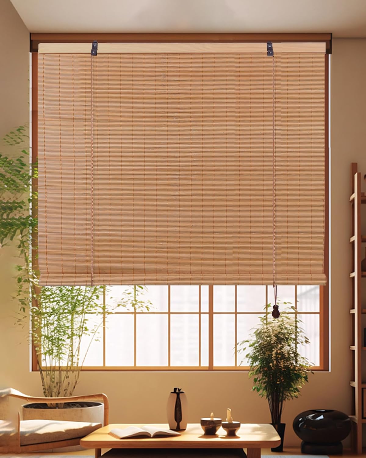 FoundGo Bamboo Blinds No drilling, Width x Height 60x120cm Retro Wooden Blinds Roman Bamboo Roll Up Curtain Light Filtering Shades for Windows, Indoor