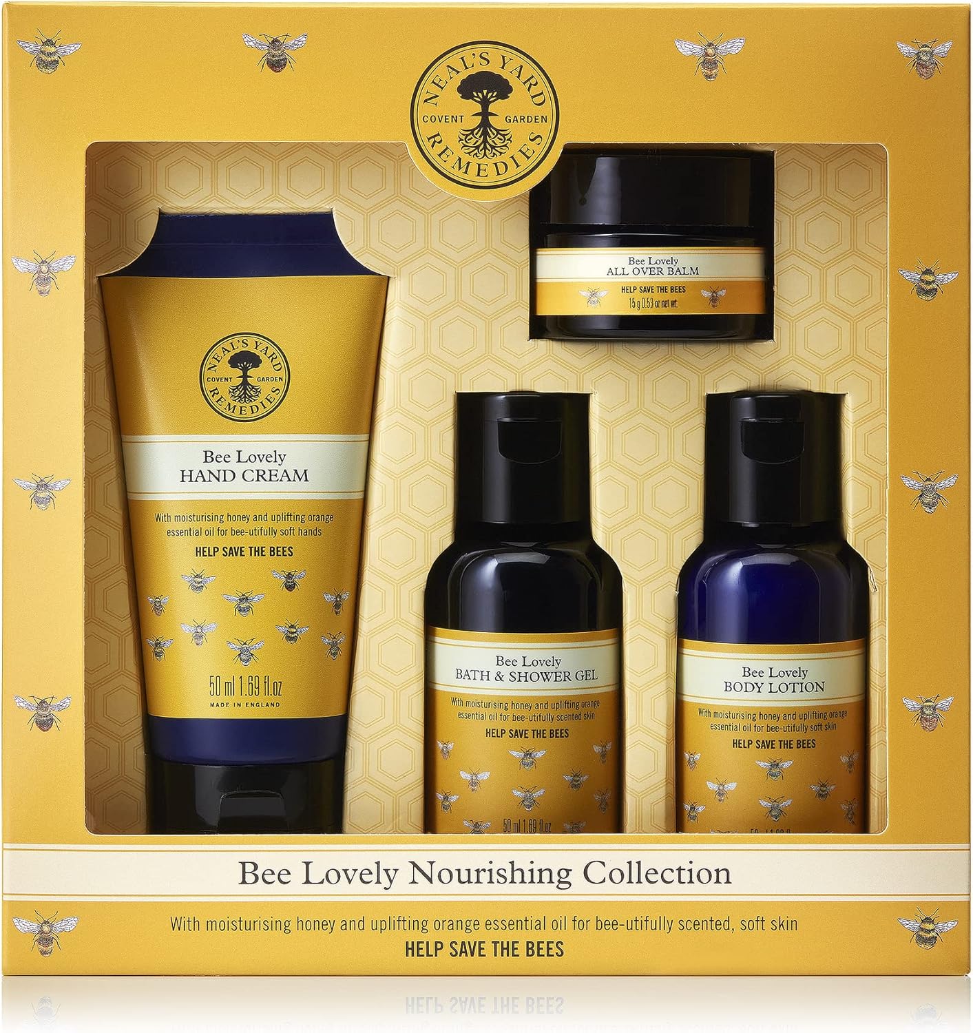 Neal's Yard Remedies | Bee Lovely Nourishing Collection | Set of Hand Cream, Shower Gel, Body Lotion & All Over Balm | Gifts for Women | Pack of 4