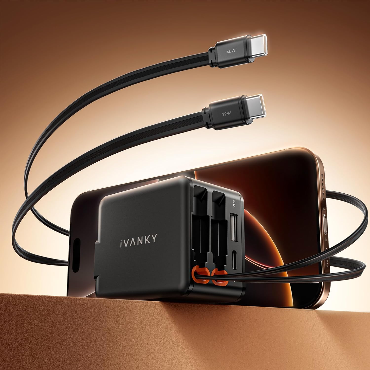 iVANKY Smallest 4-in-1 Retractable GaN Wall Charger with Dual USB C Cables, 45W USB C Charger Block, Fast Charging for iPhone 17/16/15/14/13/12 Pro Max Air, Samsung, 4-Port Adapter for Home, Travel