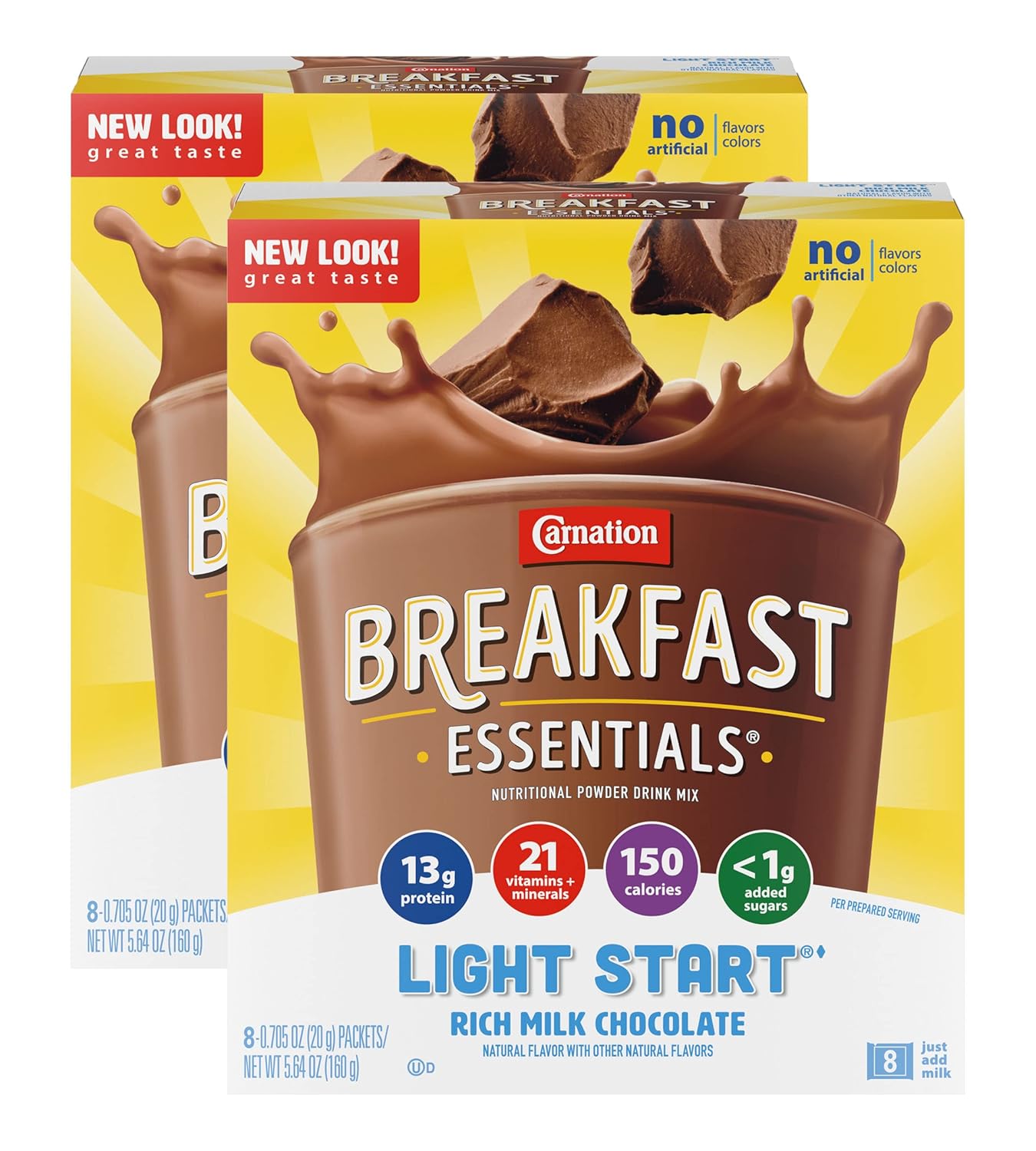 Carnation Breakfast Essentials Light Start Powder Drink Mix, Rich Milk Chocolate.705 Oz, 8 Ct (Pack of 2)