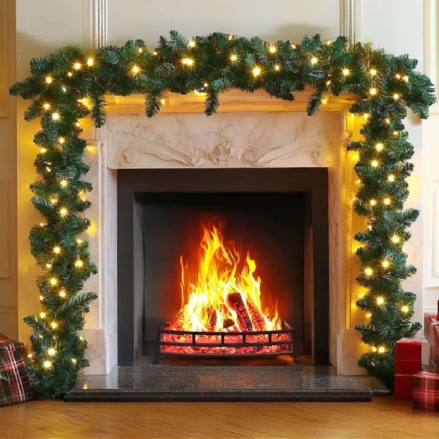 5M/16.4FT Christmas Garland with Lights -100 LEDs Light Up Decorations Wreath for Fireplace, Stair, Front Door, Xmas Tree Decor