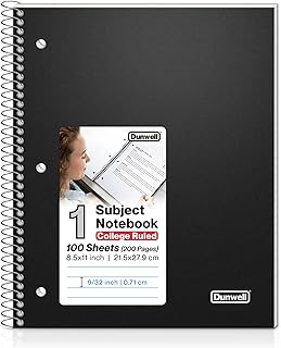 Dunwell College Ruled Spiral Notebook, (Black) 1 Subject Notebook 8.5 x 11 With Plastic Cover & Pocket Divider, 100 Sheets, Perforated Pages, One Subject Spiral Notebook School, 8 1/2 x 11 Paper