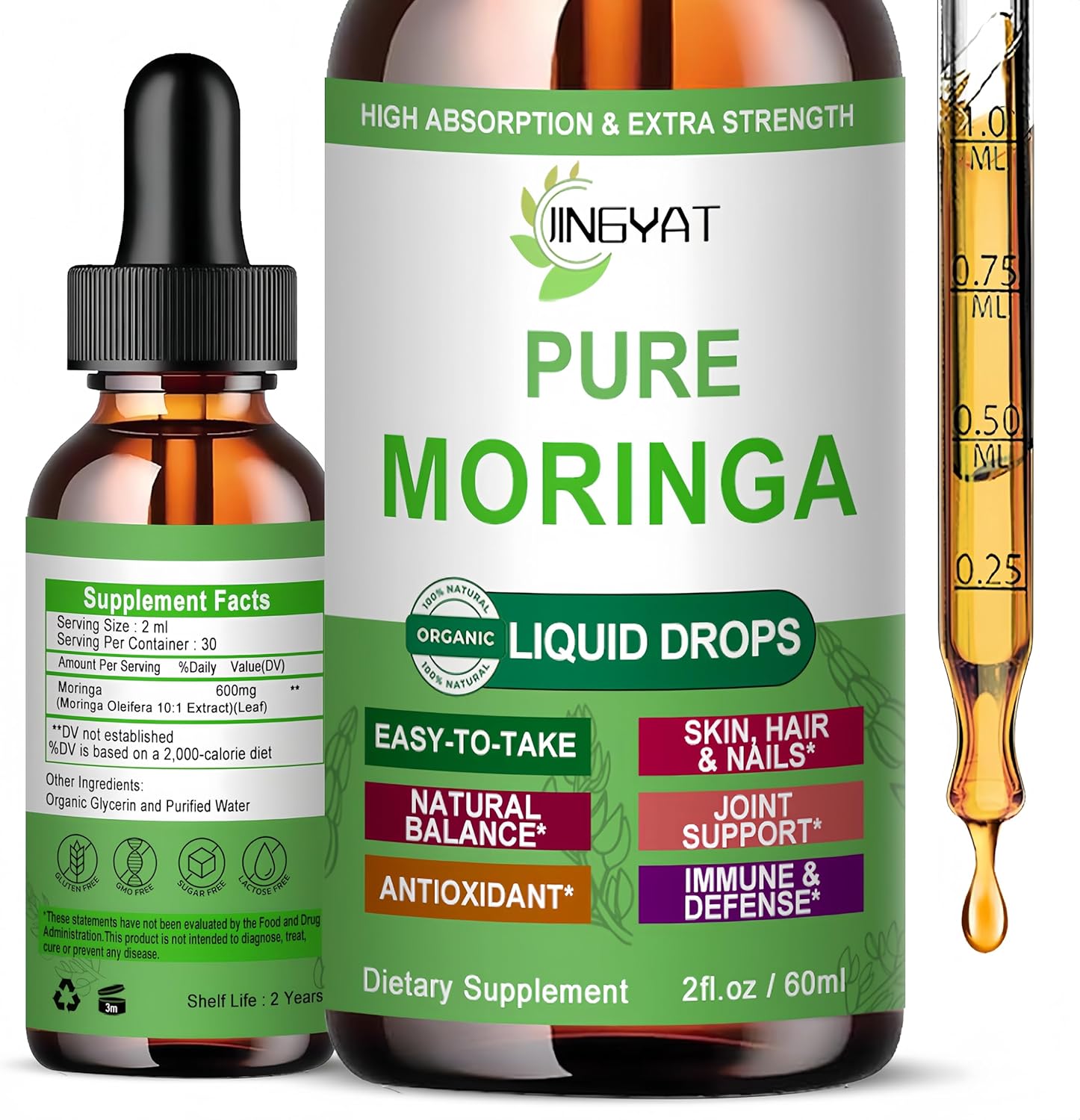 Pure Moringa Liquid Drops, Organic Moringa Oleifera Leaf Extract Liquid for Energy, Metabolism and Immune Support, High Absorption Green Superfood Supplement Than Powder Capsules,Non GMO