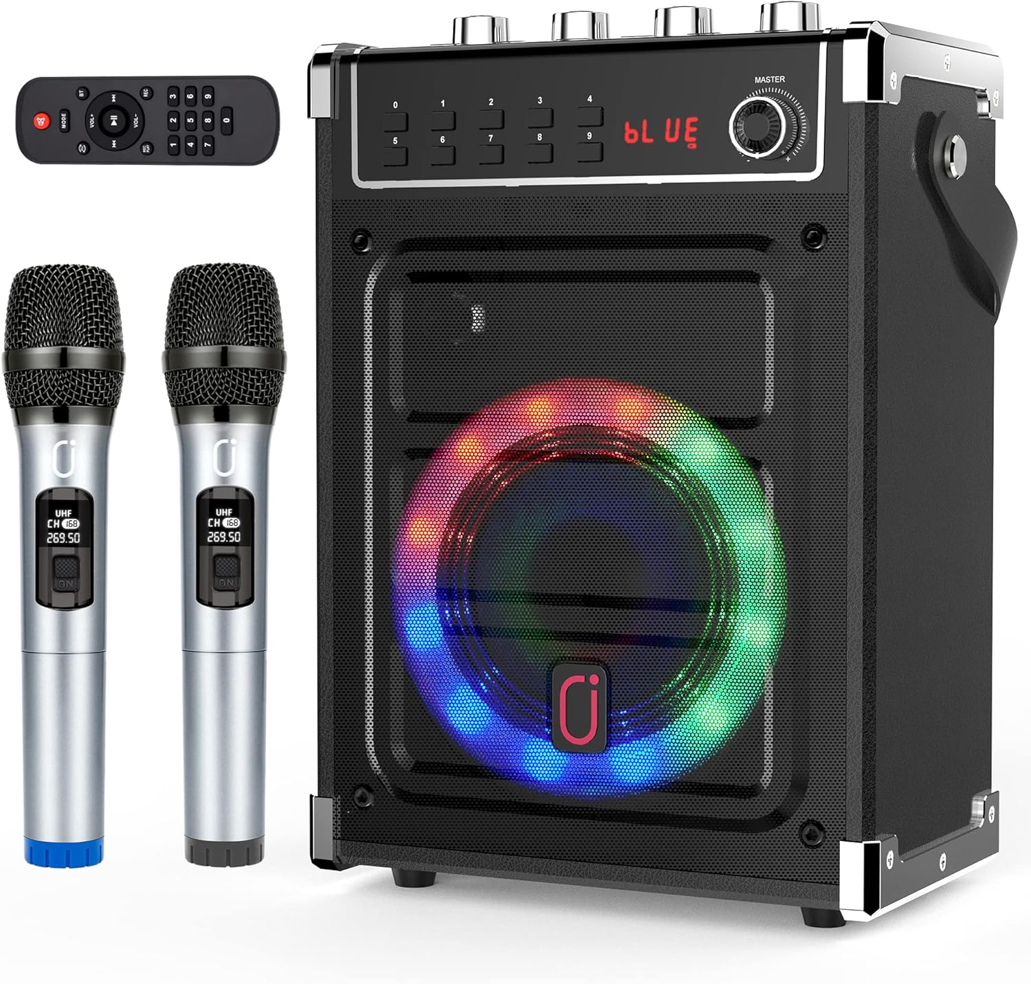 JYX Karaoke Machine with 2 UHF Wireless Microphones, Bluetooth Speaker with Bass/Treble/Echo Adjustment & LED Light, Support TWS, AUX In, FM, REC, Supply for Party/Adults/Kids
