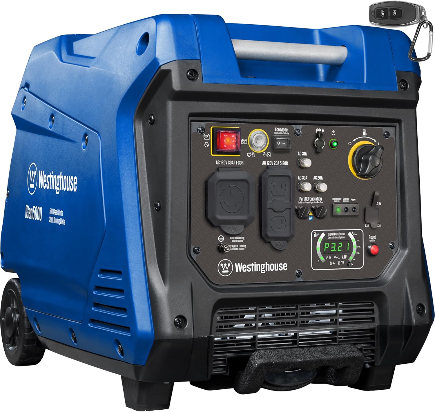Westinghouse 5000 Peak Watt Super Quiet Portable Inverter Generator, Remote Electric Start with Auto Choke, Wheel & Handle Kit, RV Ready, Gas Powered, Parallel Capable