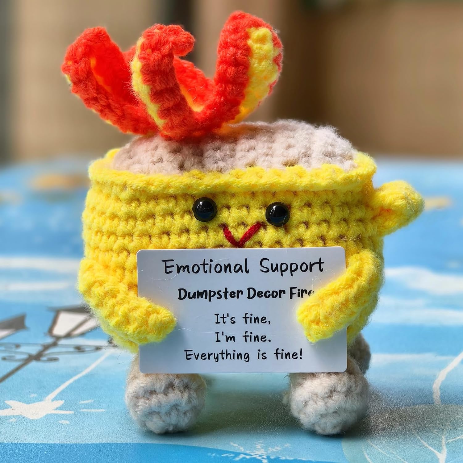 Levvohd Emotional Support Dumpster Decor Fire, Funny Handmade Crochet Dumpster Knitting Doll, Cute Desk Accessories for Women Office (Yellow)