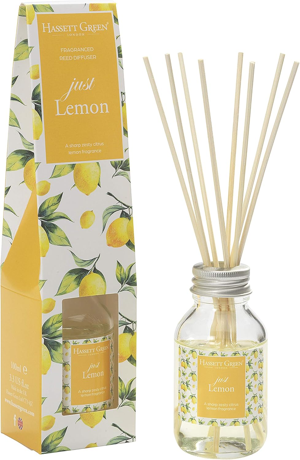 Just Lemon Fragrance Reed Diffuser 100ml - Long Lasting Home Indoor Fragrance - with 8 Rattan Reeds