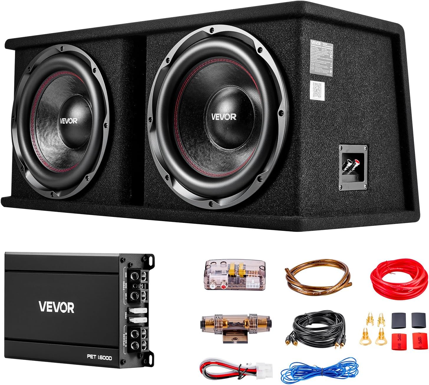 VEVOR Dual 12" Enclosed Powered Subwoofer, 2400W Peak Massive Bass Output with Separate Amplifier, Complete Car Audio Subwoofer and Amp Package for Trucks SUVs