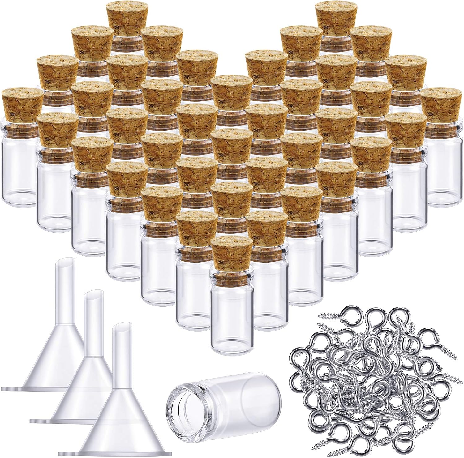 Yungyan 50 Pieces Small Mini Glass Bottles Jars with Cork Stoppers Set, Tiny Cork Glass Bottles with Eye Screws and Small Funnel for Decoration, Art Crafts, DIY Projects, Party Favors (0.5ml)