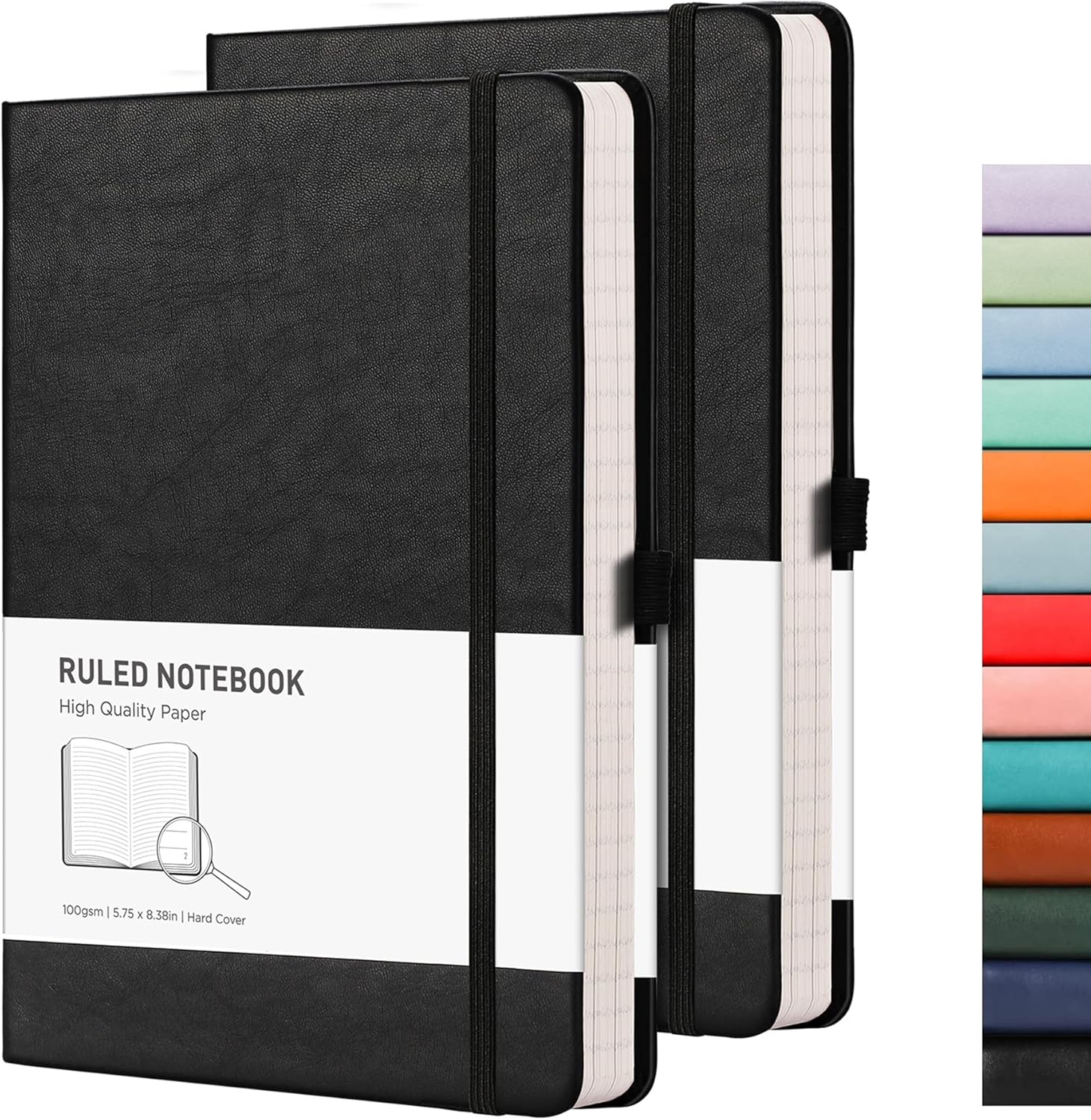 RETTACY Notebook A5 Lined Hardback 2 Pack - Thick Journal with 376 Numbered Paper,2 Free Sticky Notes Divider,100gsm Paper,8 Perforated Sheets, Pen Loop, Inner Pocket, 14.5 x 21cm (Black Black)