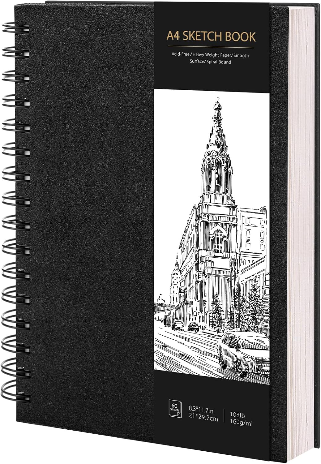 A4 Sketchbook, Spiral Sketch Book with 160gsm Thick Paper - Black Hardback Art Drawing Pad for Sketching, 60 Sheets / 120 Pages
