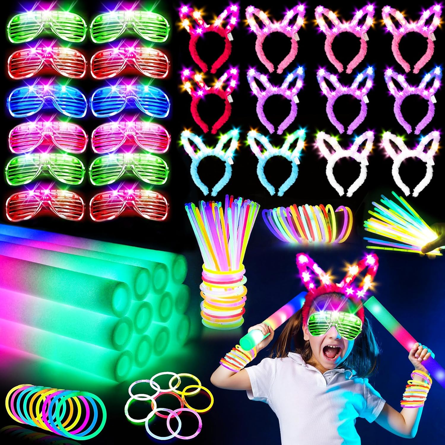 236 PCS Glow in the Dark Party Supplies, Halloween Party Favors, 12PCS 16" Foam Glow Sticks, 12PCS LED Glasses, 12PCS Bunny Ear Headband and 100PCS Glow Sticks for Neon Party for Kids or Adults