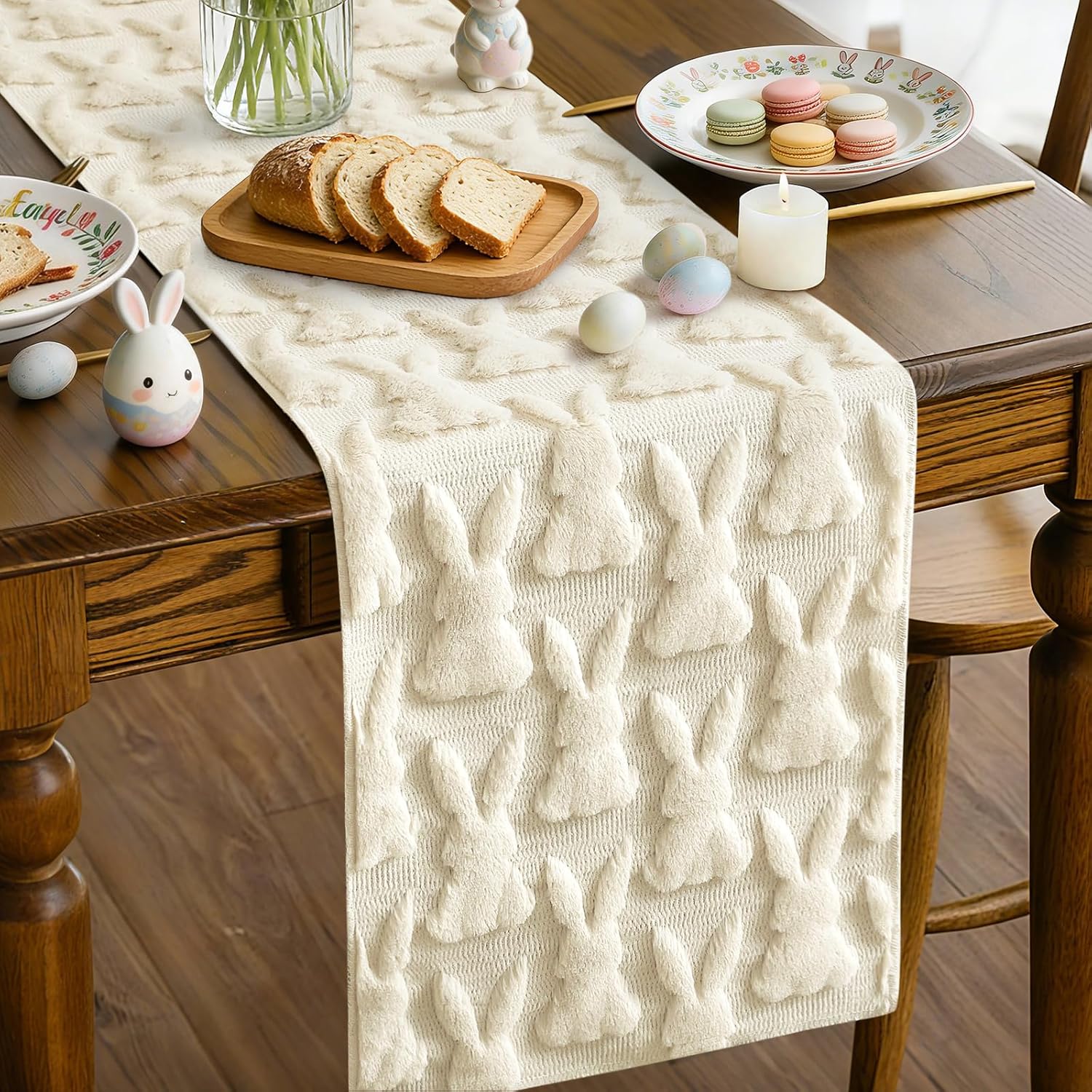 Artscope Soft Plush Faux Fur Jacquard Easter Bunny Table Runner, Holiday Kitchen Dining Table Decoration for Easter Home Party Decor 13x72 Inch