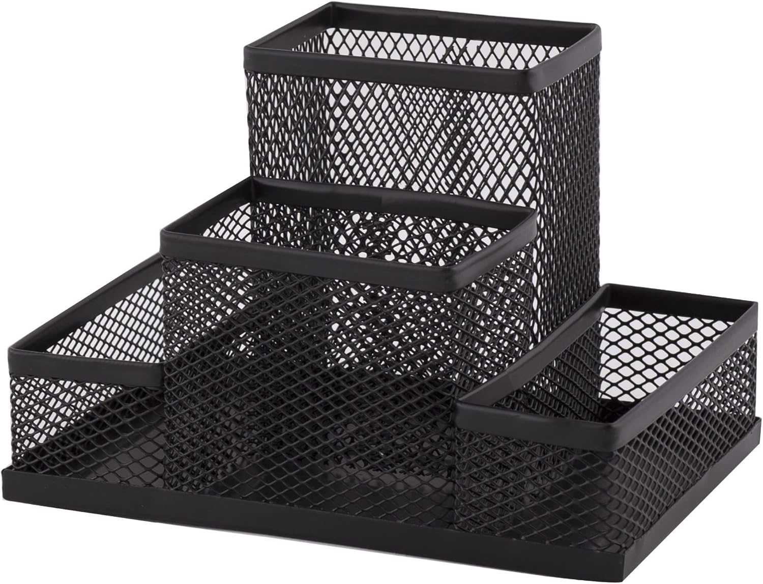D.RECT Mesh Metal Desk Organiser – 4-Compartment Pen & Memo Holder – Black Office Desk Tidy for Stationery, Notes & Accessories – 103×154×103mm