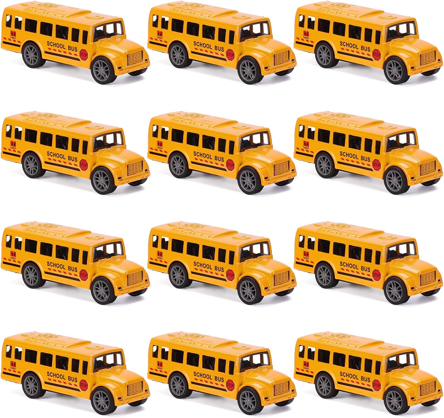 12 Pack Pull Back Bright Yellow School Bus Toys, 3.2" Die-cast Metal Friction Powered Toy Vehicles for Kids Boys Girls